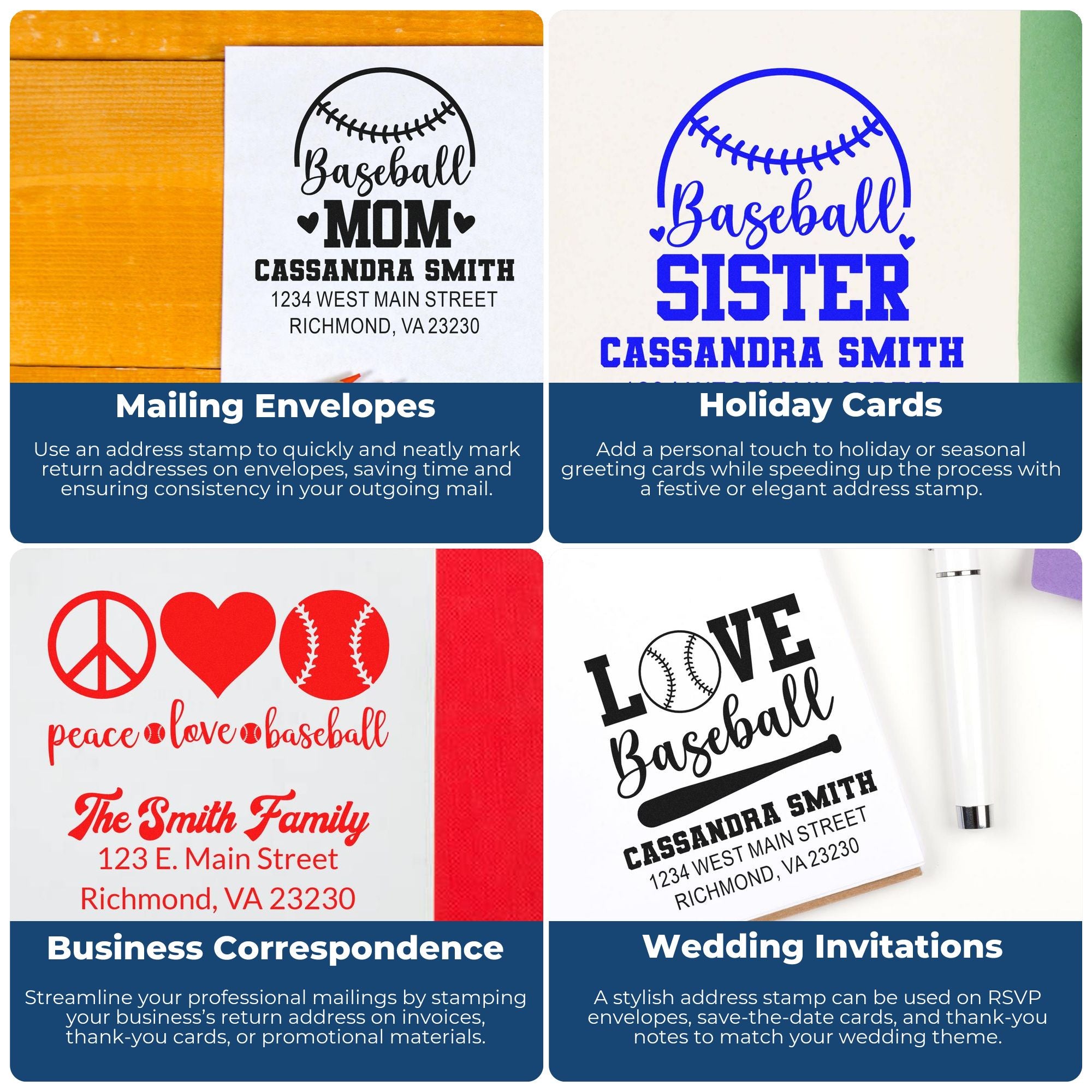 Custom address stamp ideas for mailing envelopes, holiday cards, business correspondence, and wedding invitations.