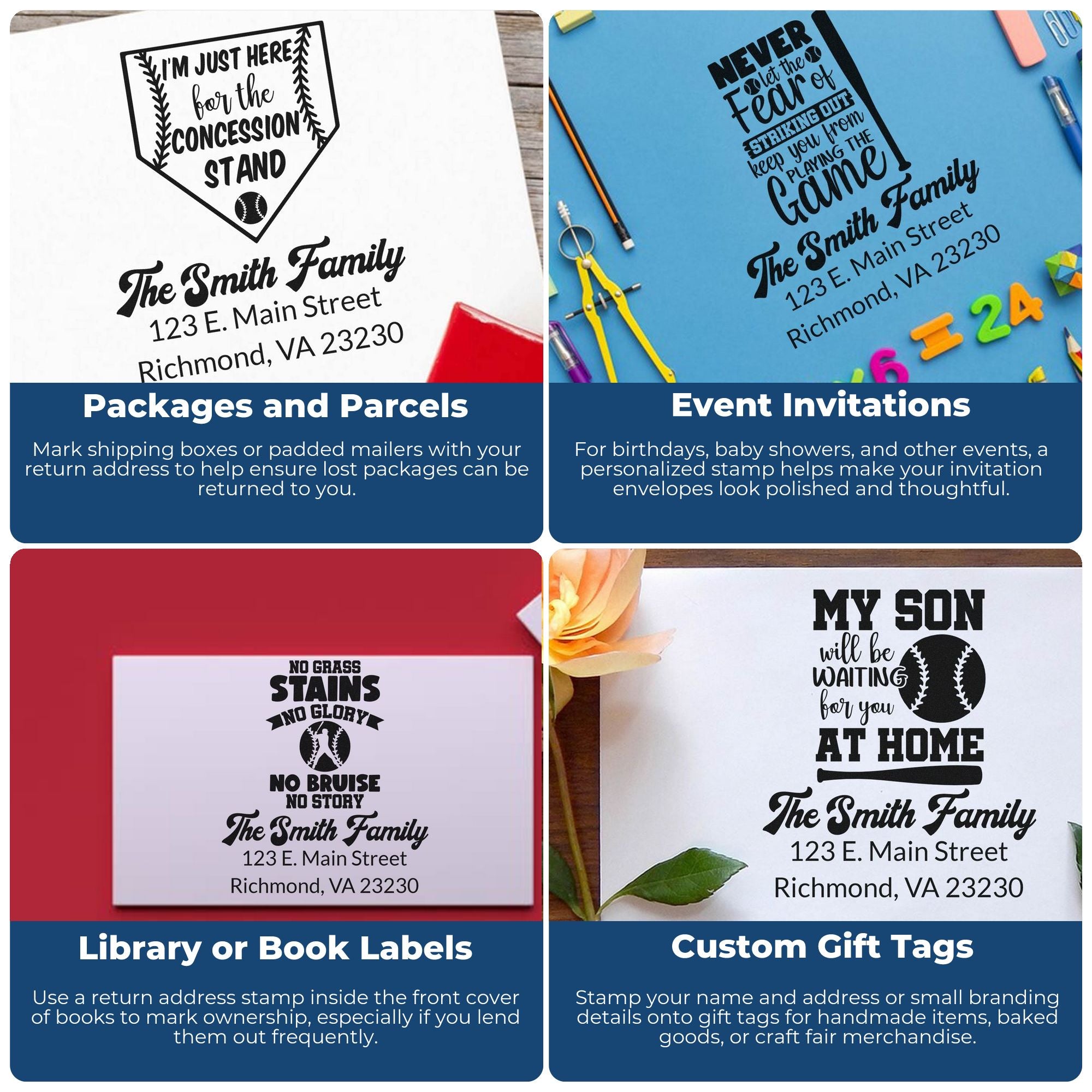 Custom rubber stamps for return addresses, event invitations, book labels, and gift tags.