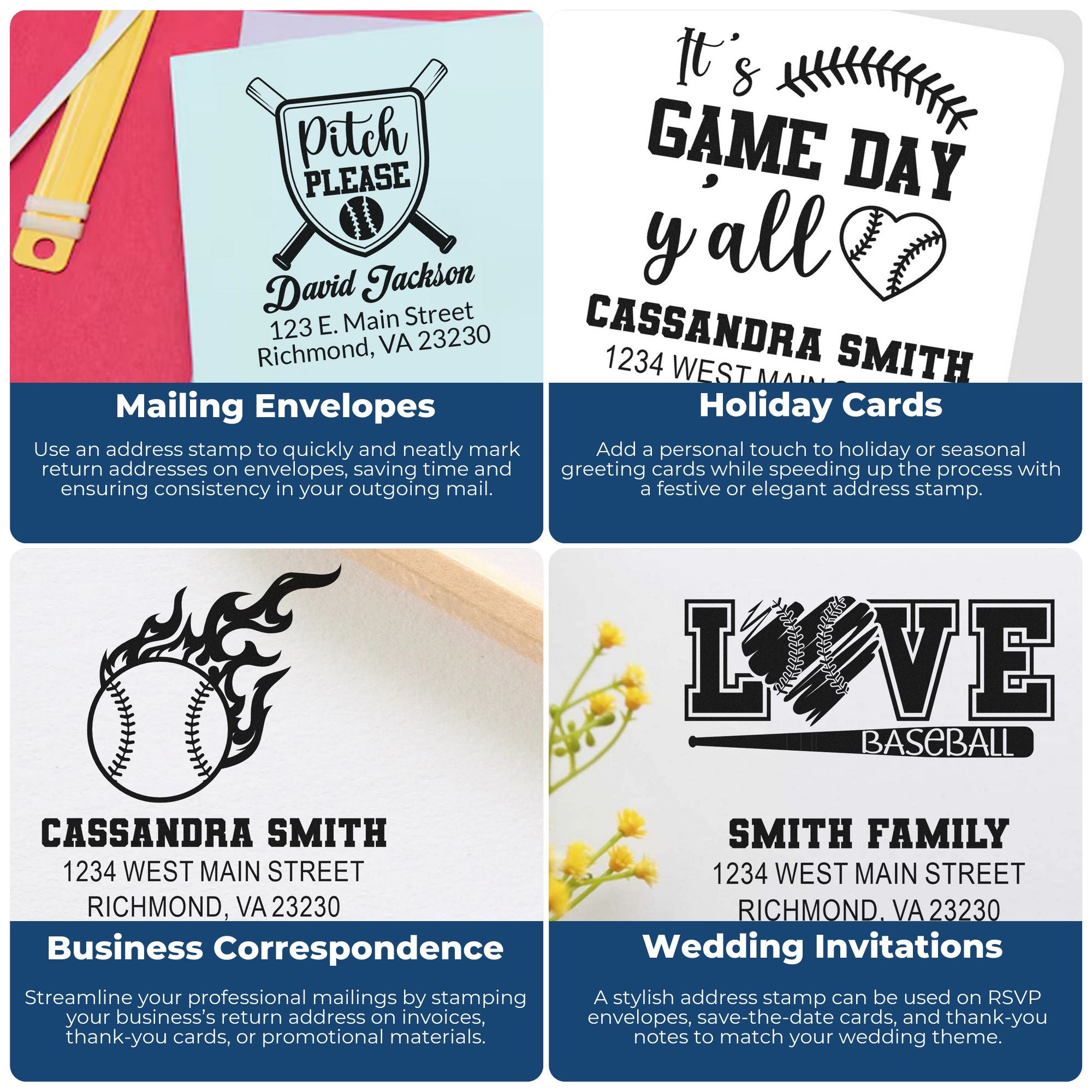 Custom address rubber stamps for envelopes, holiday cards, business correspondence, and wedding invitations with baseball-themed designs.
