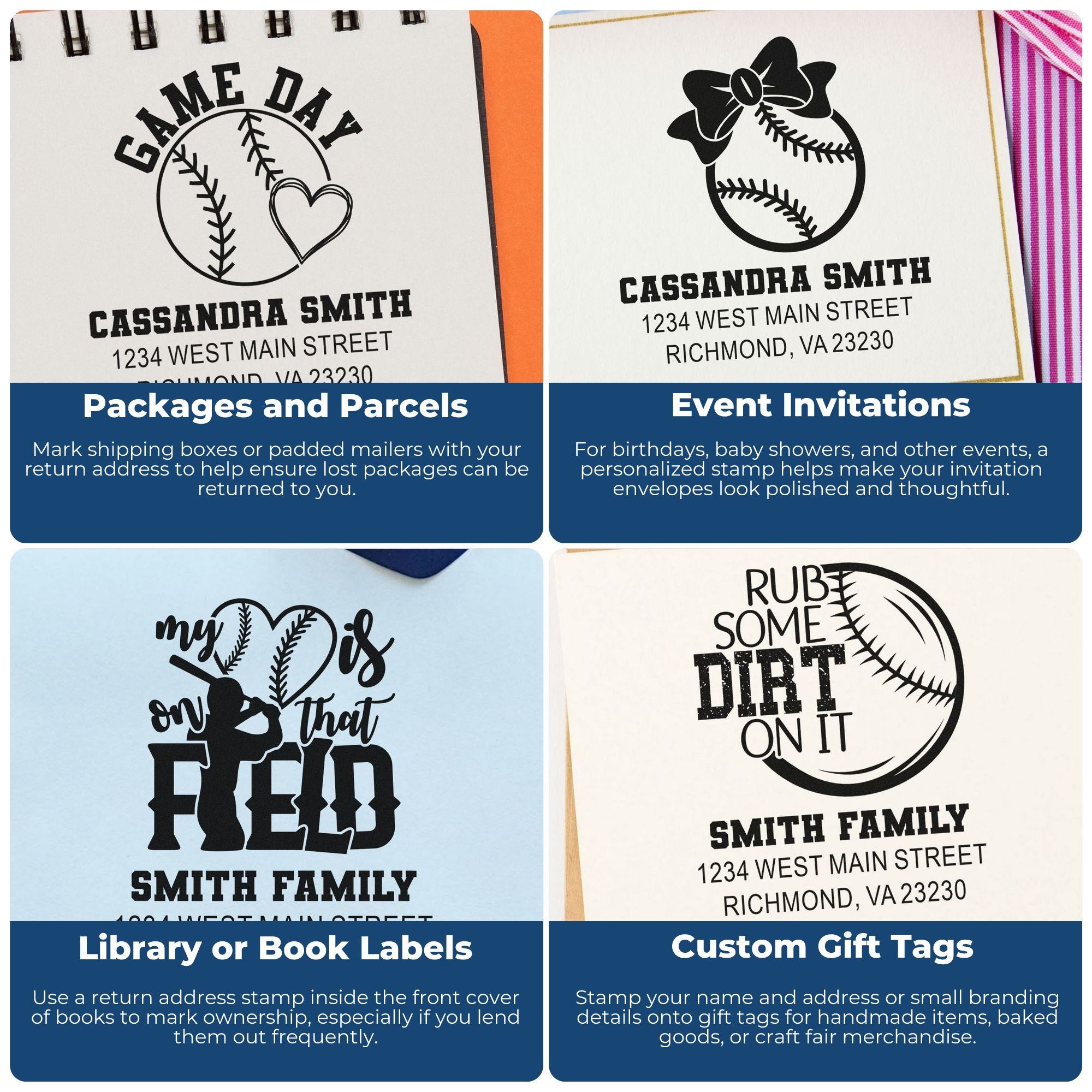Personalized rubber stamp examples for return addresses, event invitations, book labels, and gift tags with name and address.