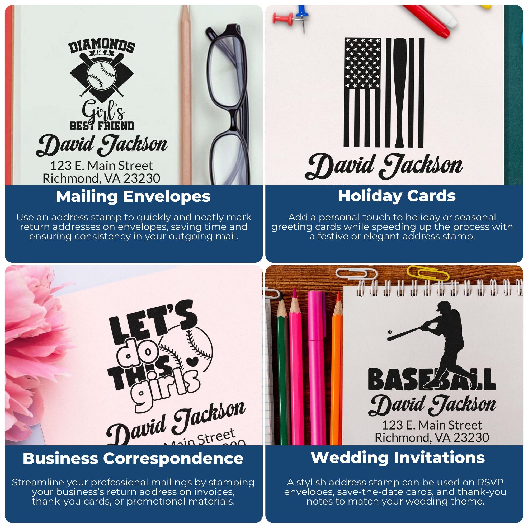 Custom rubber address stamps for envelopes, holiday cards, business mail, and wedding invitations with personalized designs.