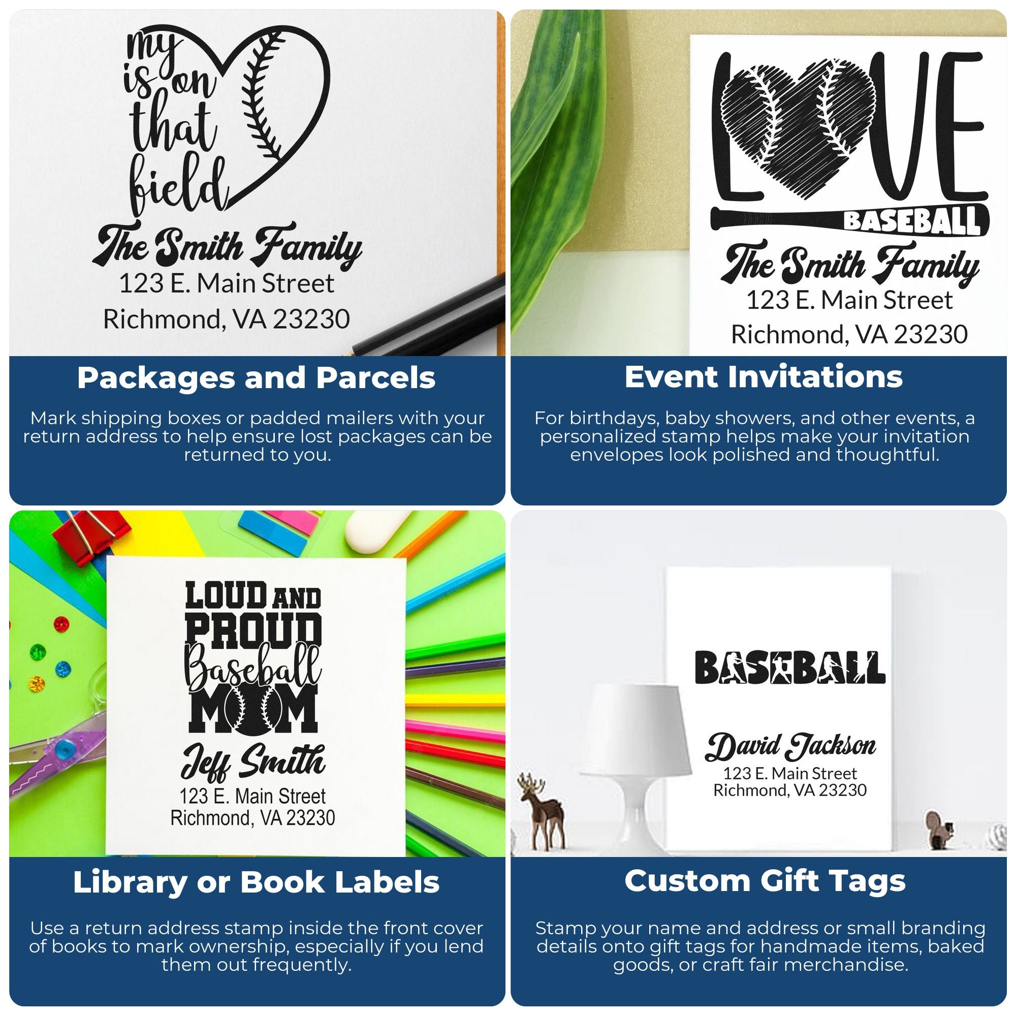 Overall: Custom rubber stamp ideas for return address labels, event invitations, book labels, and gift tags.