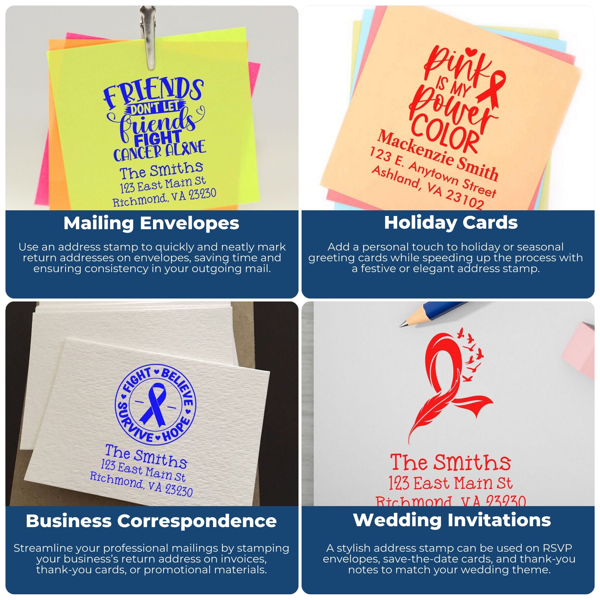 Custom return address rubber stamp examples for mailing envelopes, holiday cards, business correspondence, and wedding invitations.