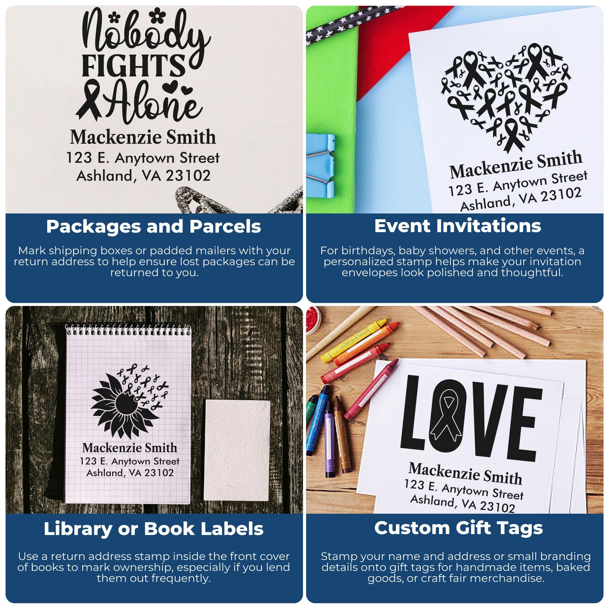Custom rubber stamp uses for packages, event invitations, book labels, and gift tags with personalized name and address designs.