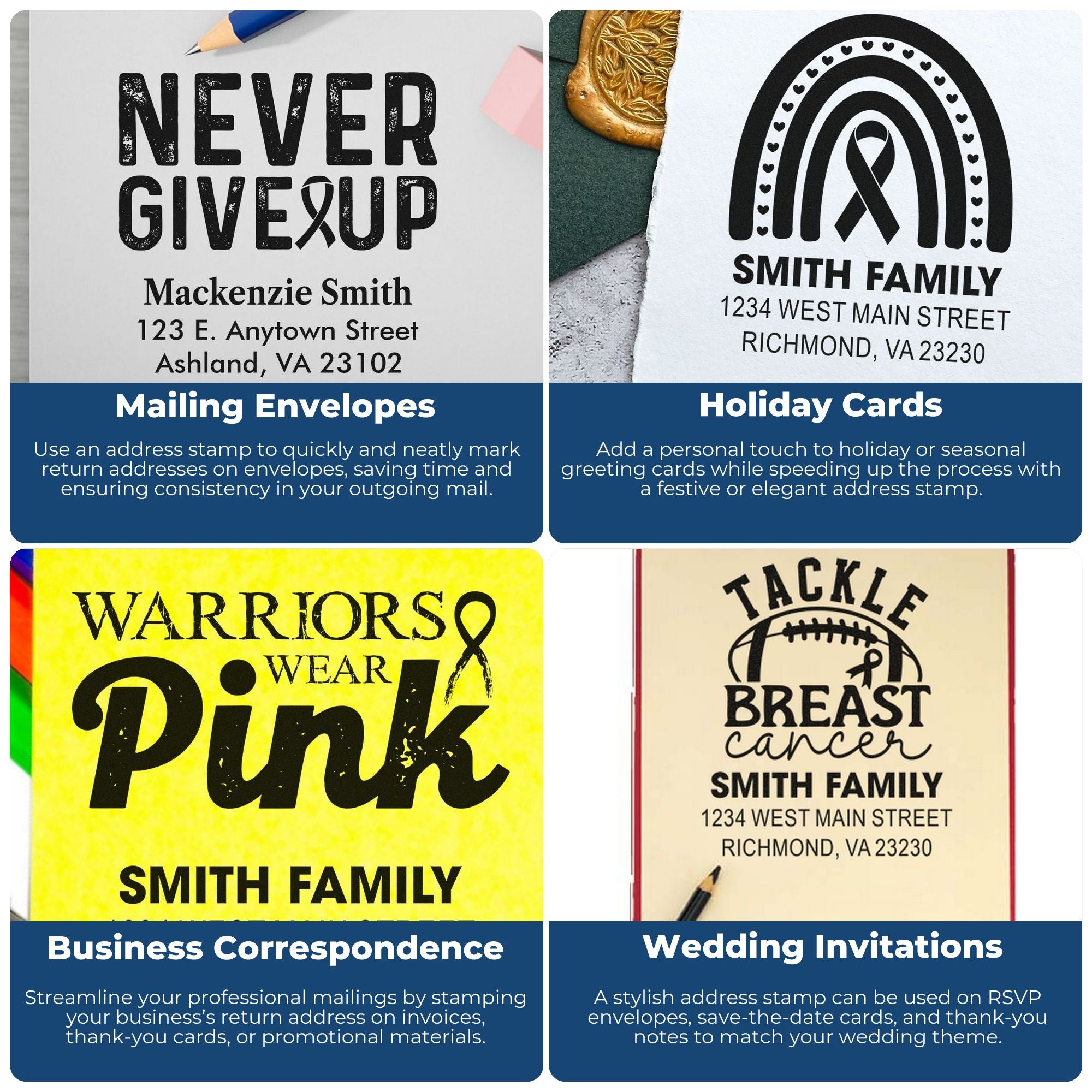 Collage of personalized rubber address stamps for envelopes, holiday cards, business mail, wedding invitations, and awareness designs.