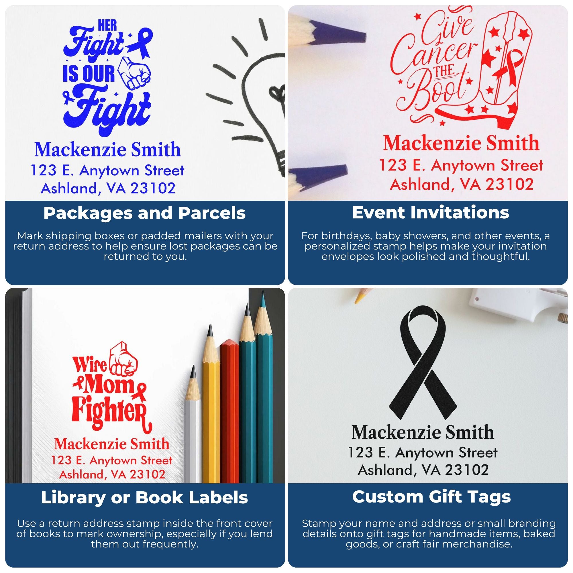 Custom rubber stamps with personalized address designs for packages, invitations, book labels, and gift tags.