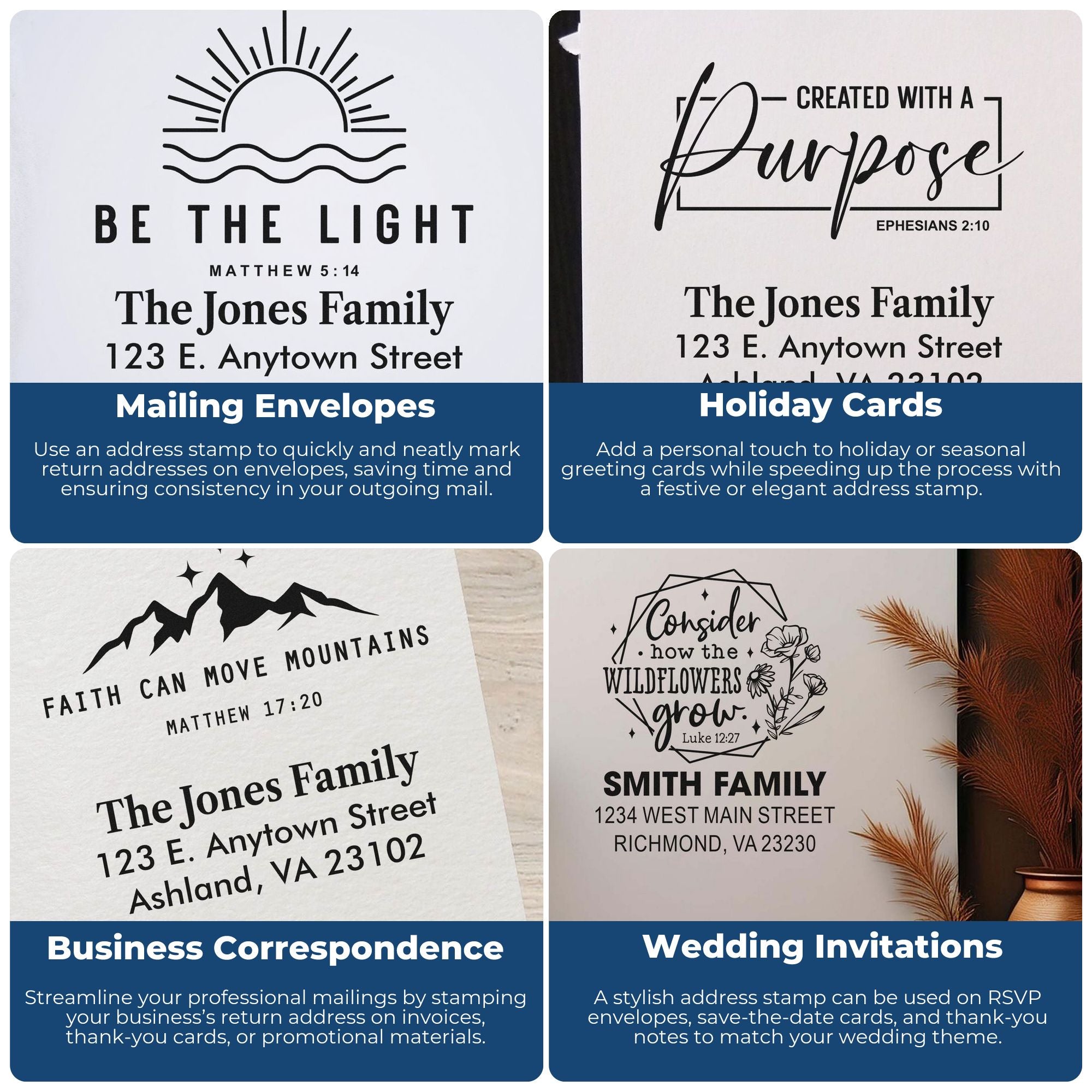 Personalized rubber stamp address examples for mailing envelopes, holiday cards, business mail and wedding invitations.