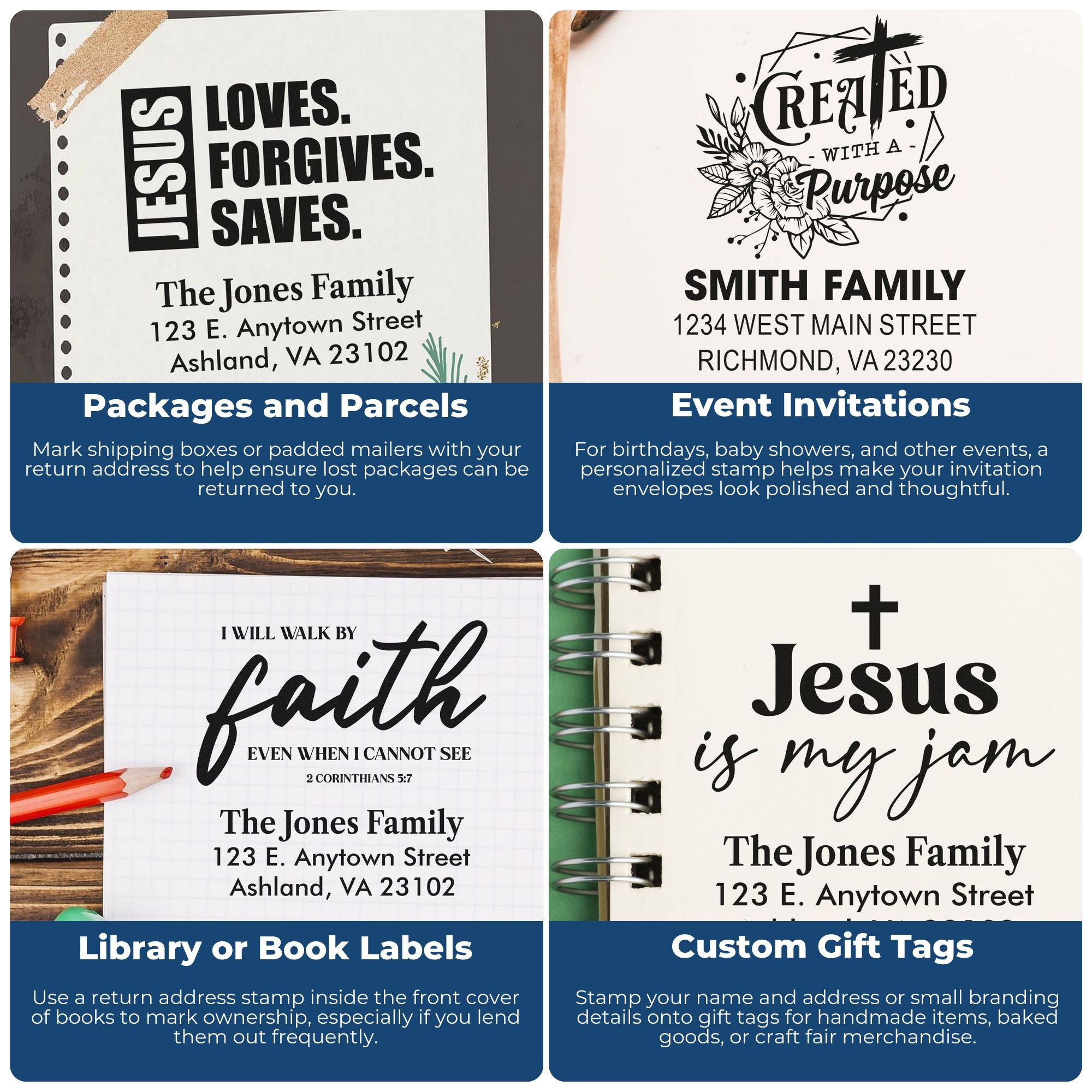 Custom rubber stamp examples for return addresses, invitations, book labels, and gift tags with personalized names and scripture.