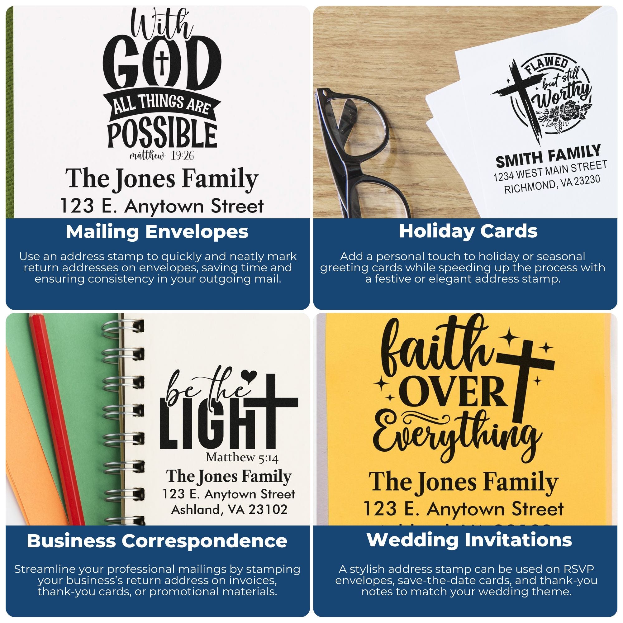 Custom rubber address stamps for mailing envelopes, holiday cards, business correspondence, and wedding invitations.
