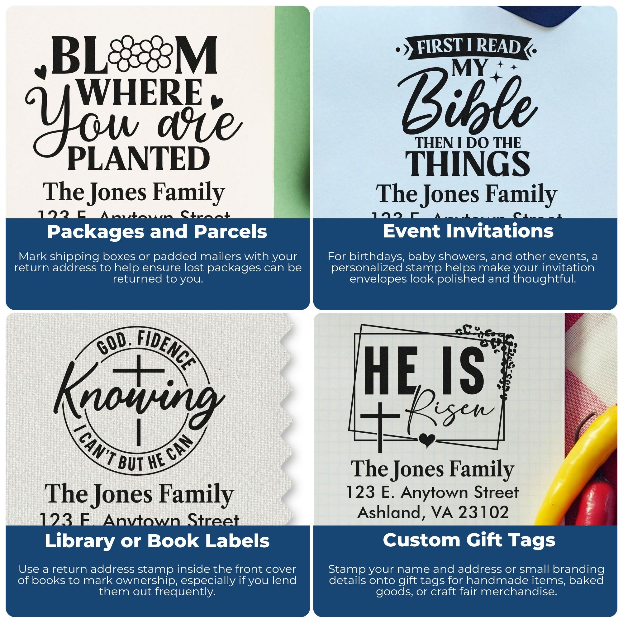 Custom rubber stamp examples for packages, event invitations, book labels, and gift tags with personalized address designs.