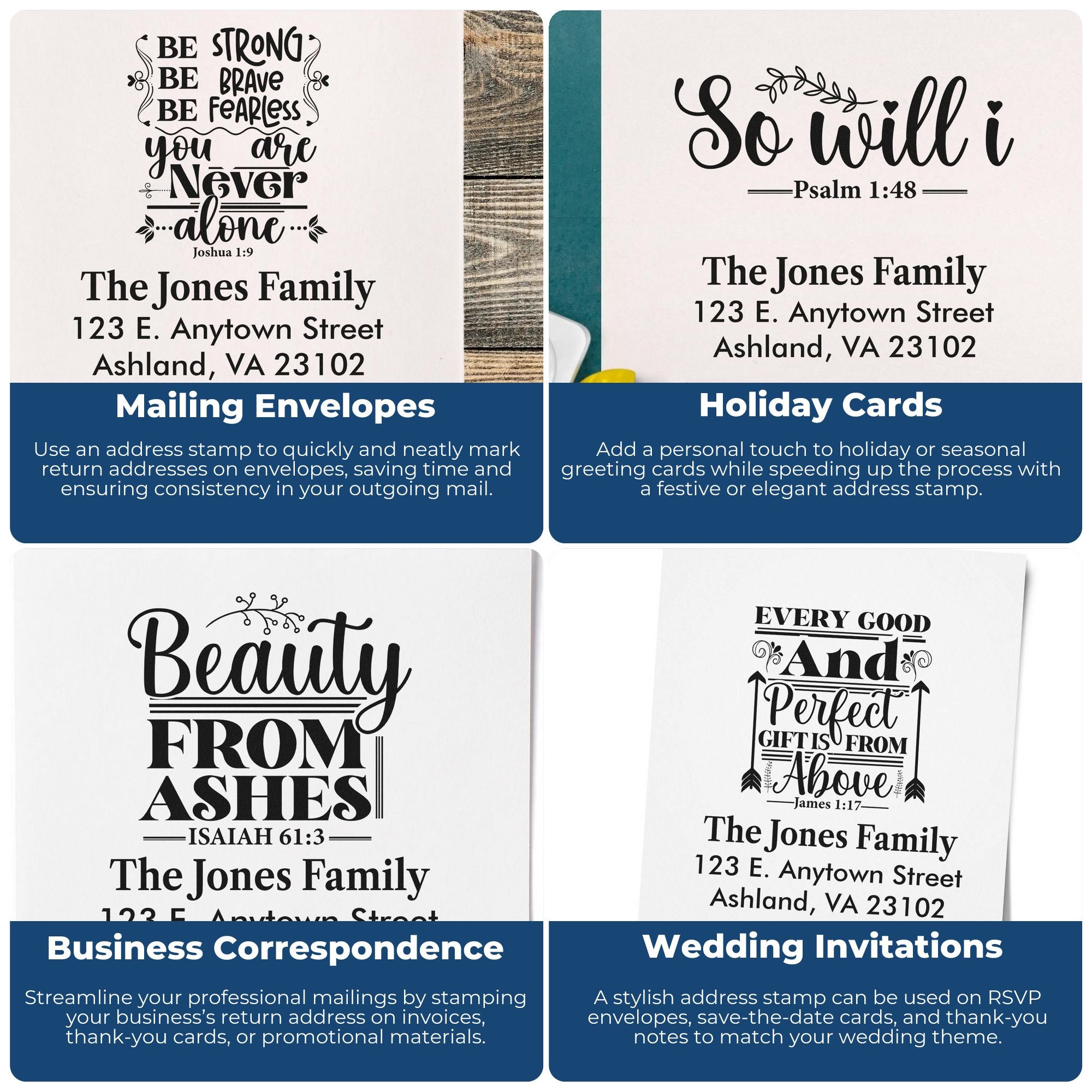 Custom address rubber stamp examples for envelopes, holiday cards, business correspondence, and wedding invitations.
