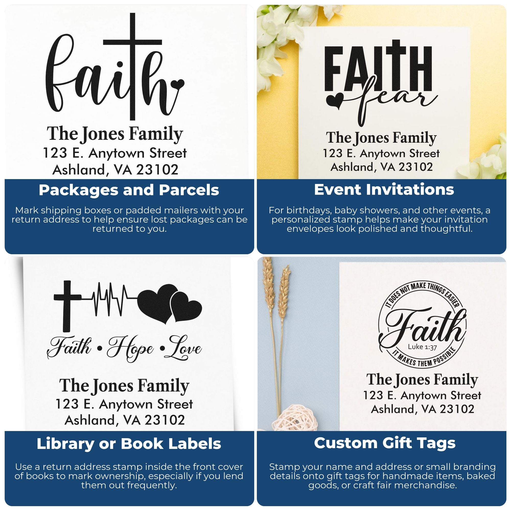 Custom rubber stamp examples for return addresses, invitations, book labels, and gift tags with personalized names and faith designs.
