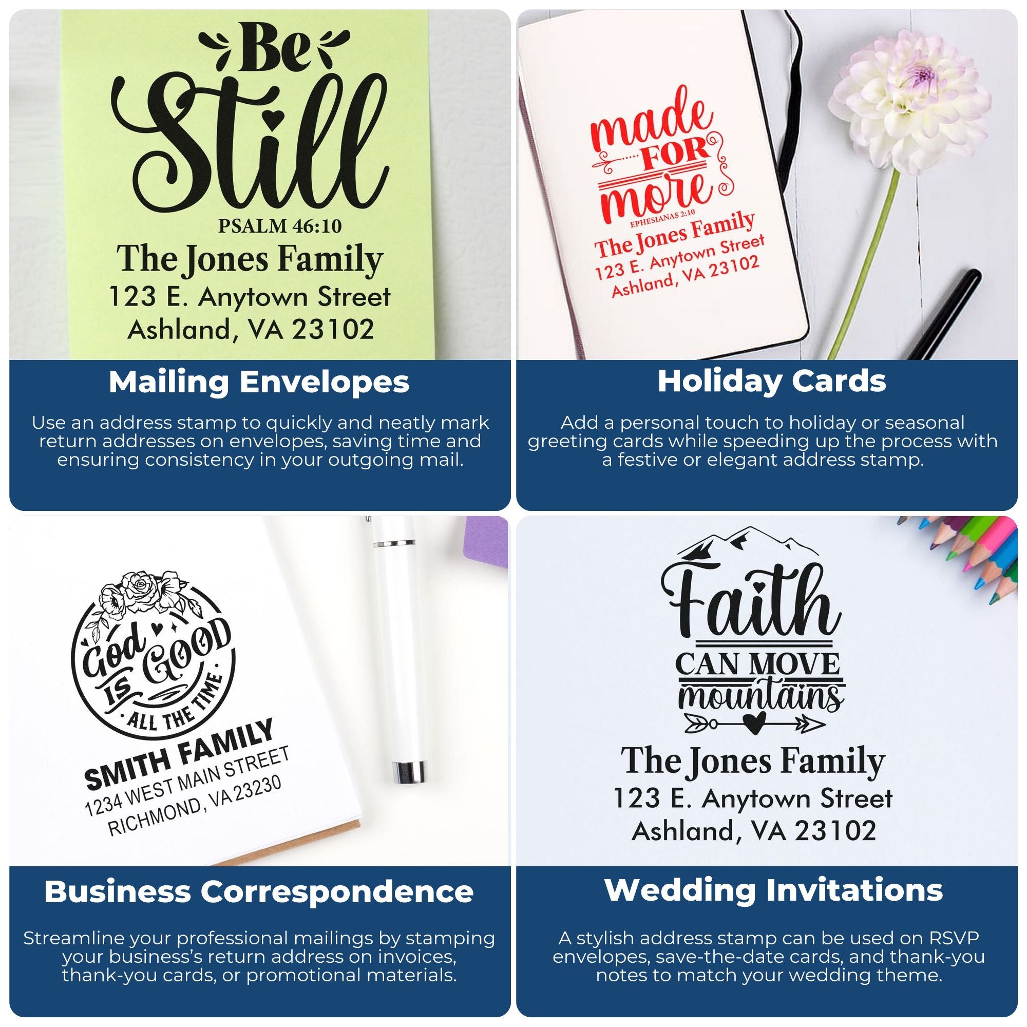 Custom rubber address stamps for envelopes, holiday cards, business mail, and wedding invitations with personalized return addresses.