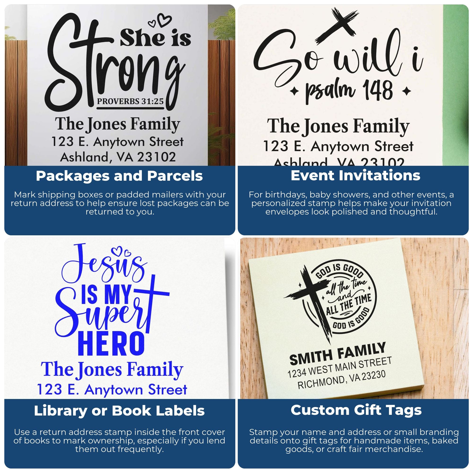 Custom rubber stamp examples for return address, invitations, book labels, and gift tags with personalized faith designs.