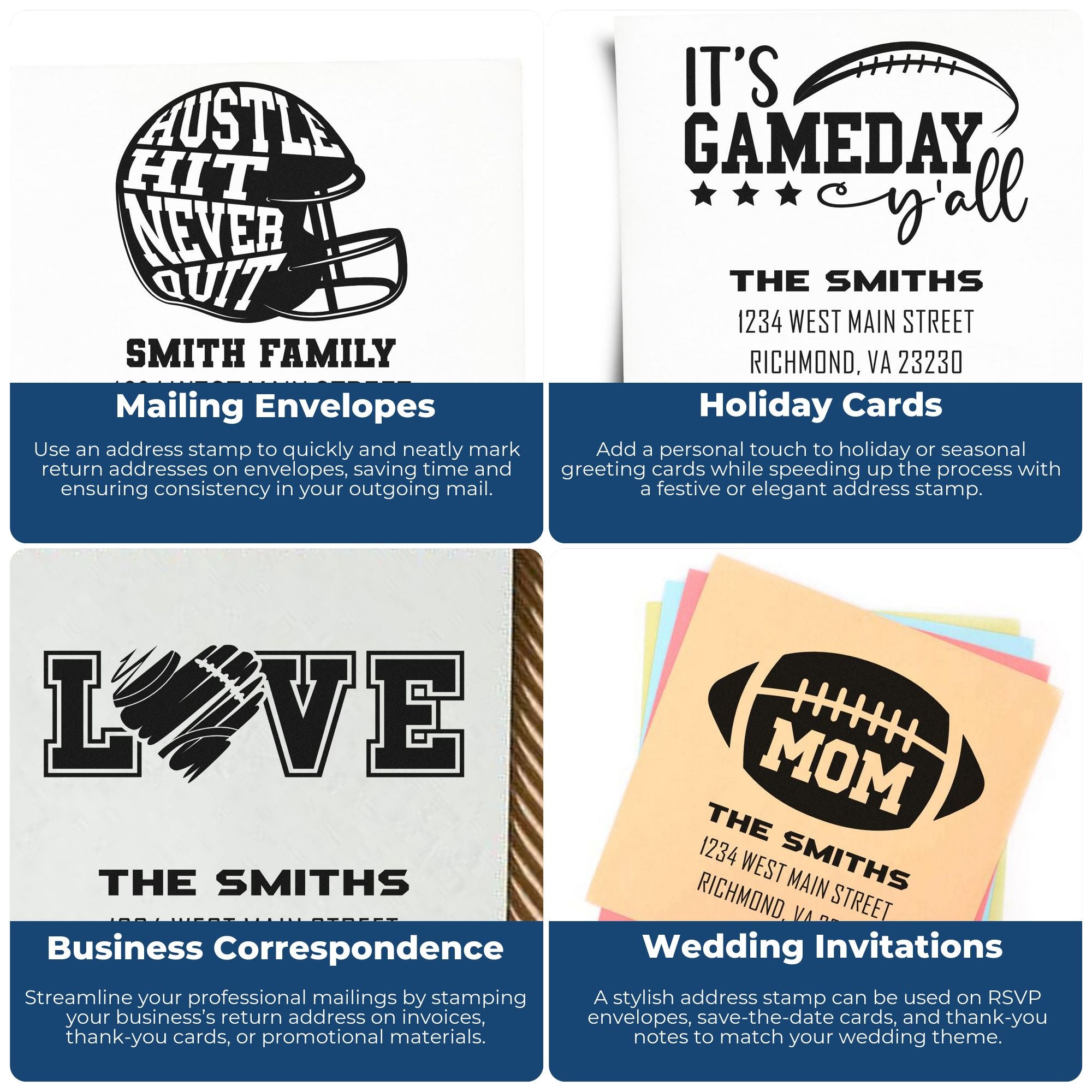 Personalized return address rubber stamps for envelopes, holiday cards, business mail and wedding invitations.