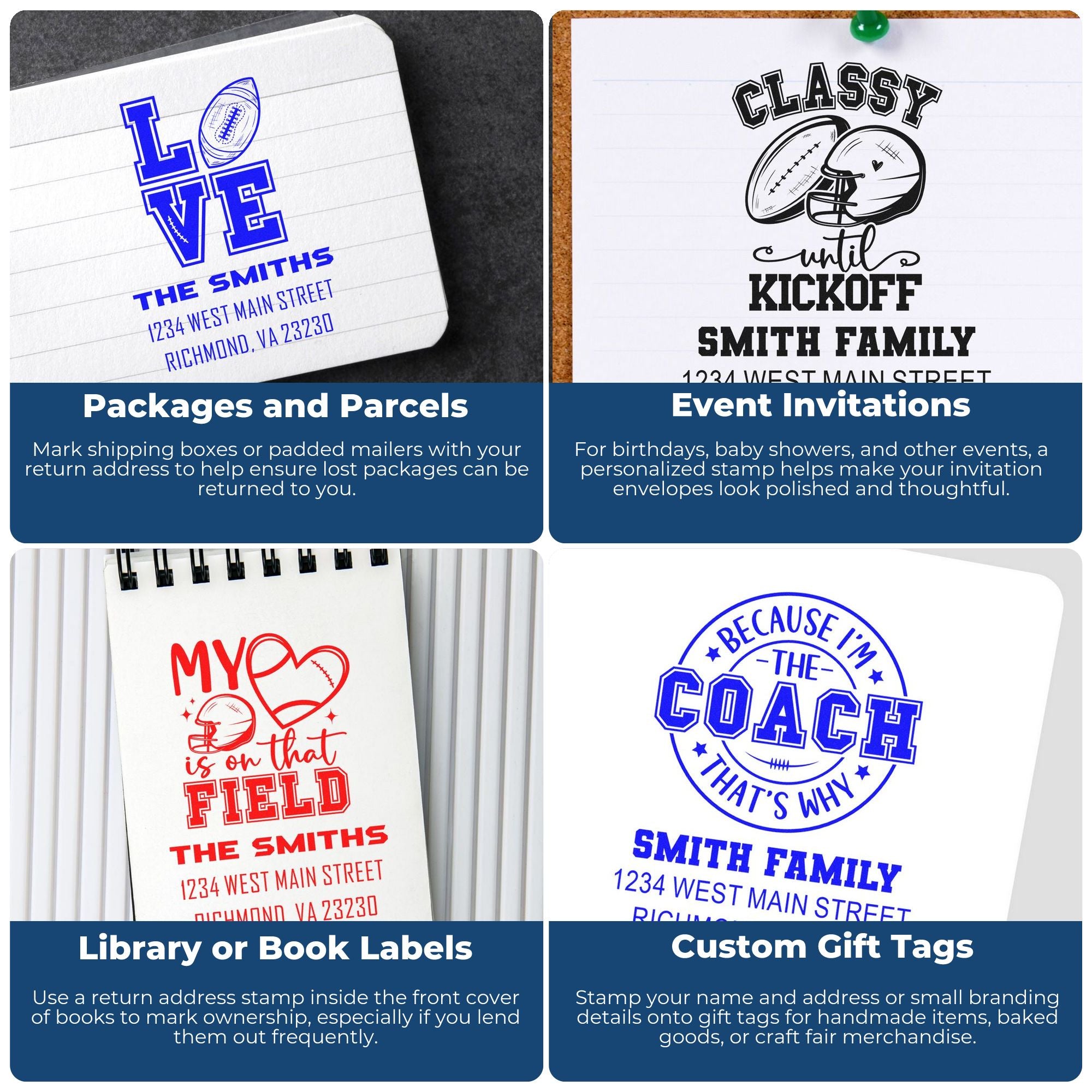 Personalized rubber stamps for return addresses, event invitations, book labels, and gift tags on a four-panel usage infographic.