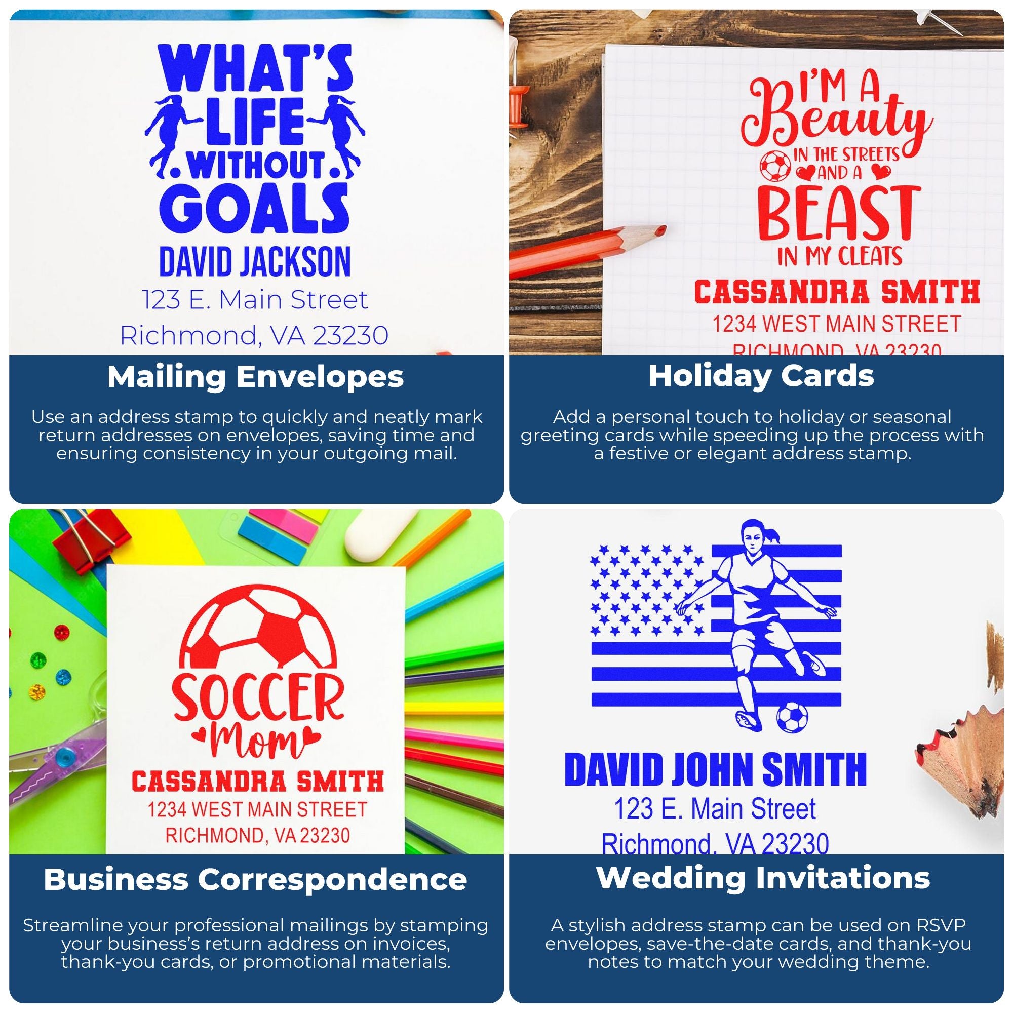 Custom rubber address stamp examples for envelopes, holiday cards, business correspondence, and wedding invitations.