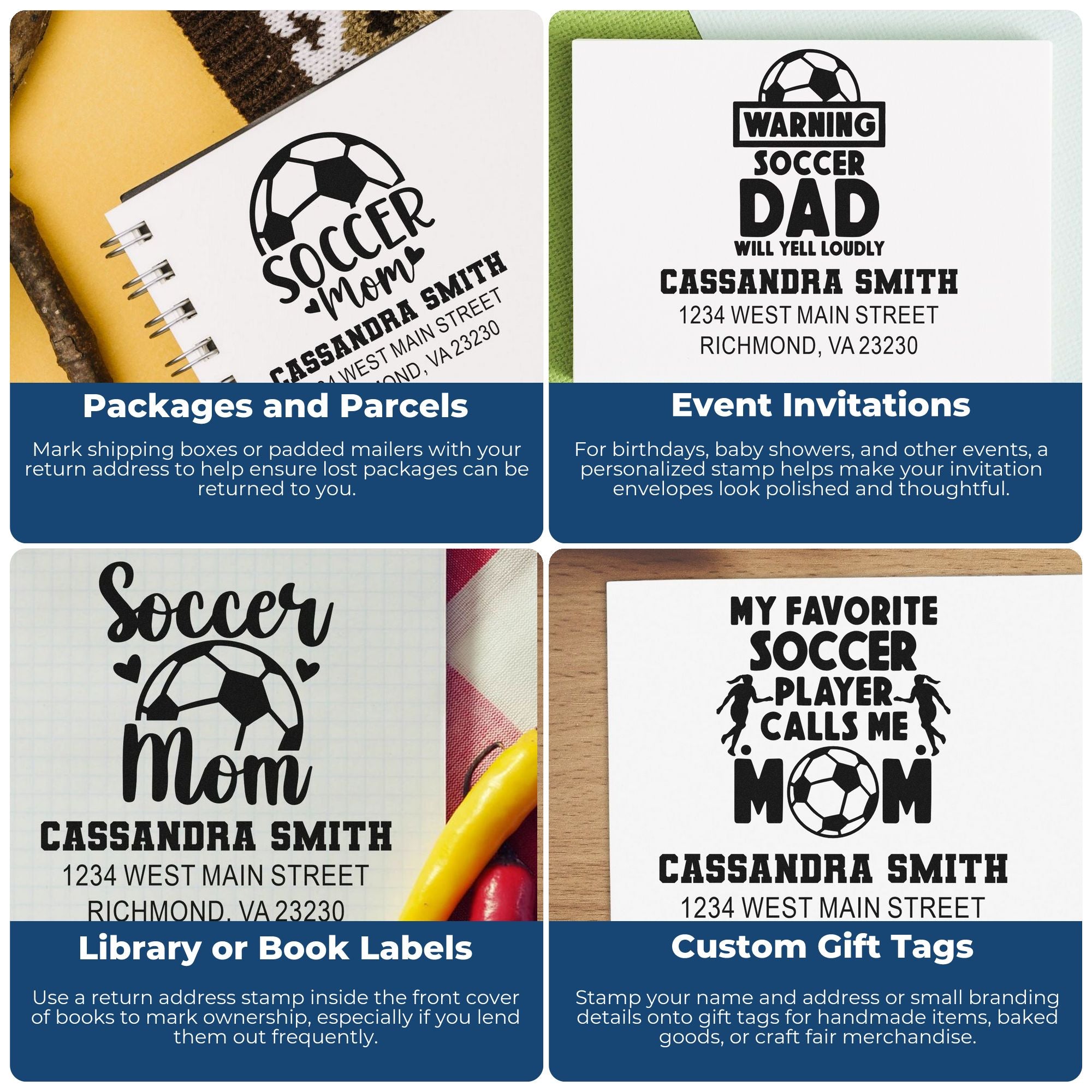 Custom soccer rubber stamps for packages, invitations, book labels, and gift tags with names and addresses.