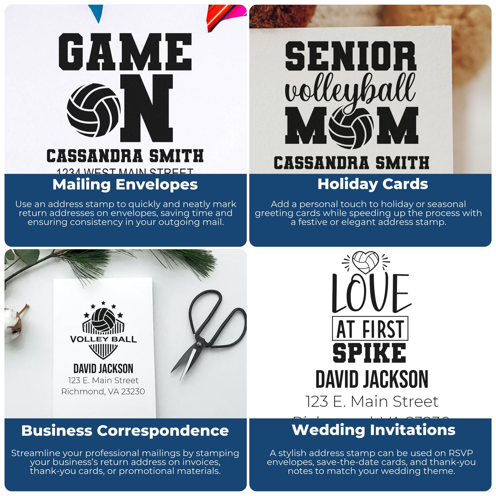 Custom rubber address stamps for mailing envelopes, holiday cards, business correspondence, and wedding invitations.