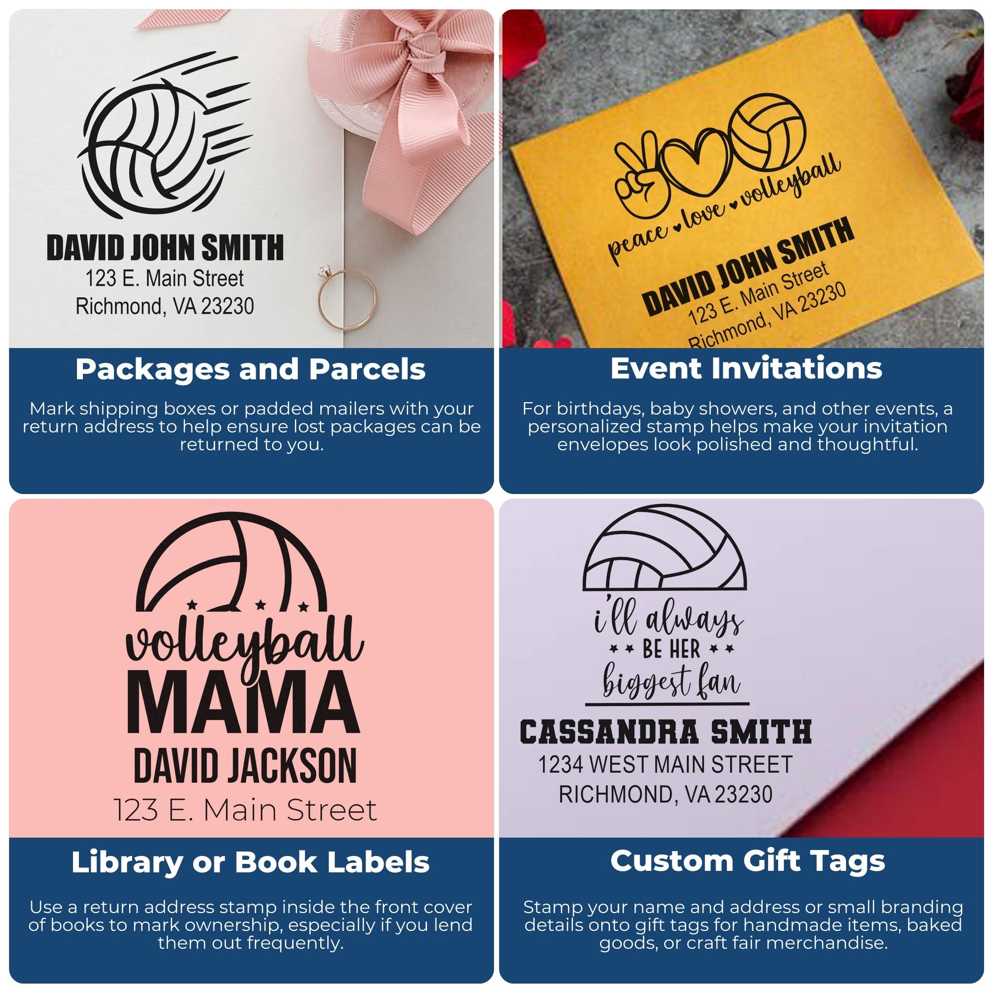 Custom rubber stamp ideas for return address labels, event invitations, book labels, and gift tags with personalized designs.