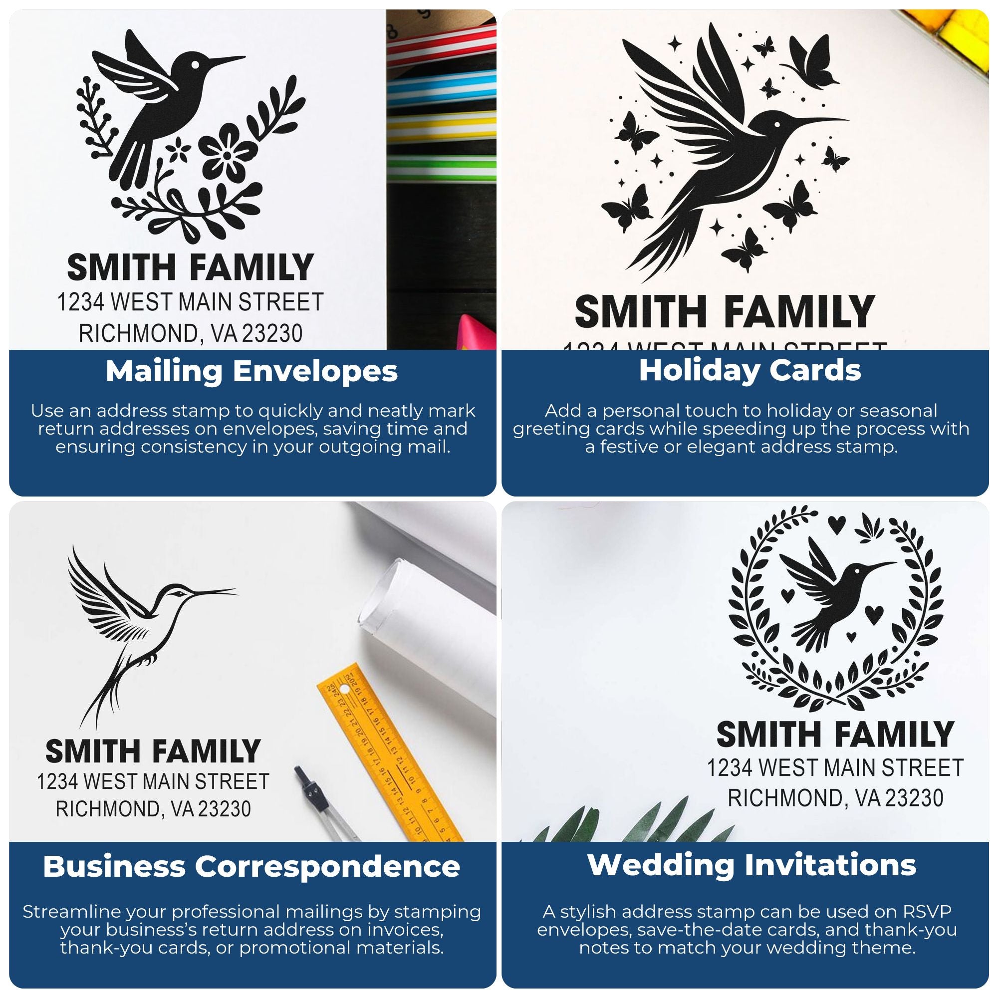 Custom address rubber stamps for mailing envelopes, holiday cards, business correspondence, and wedding invitations.