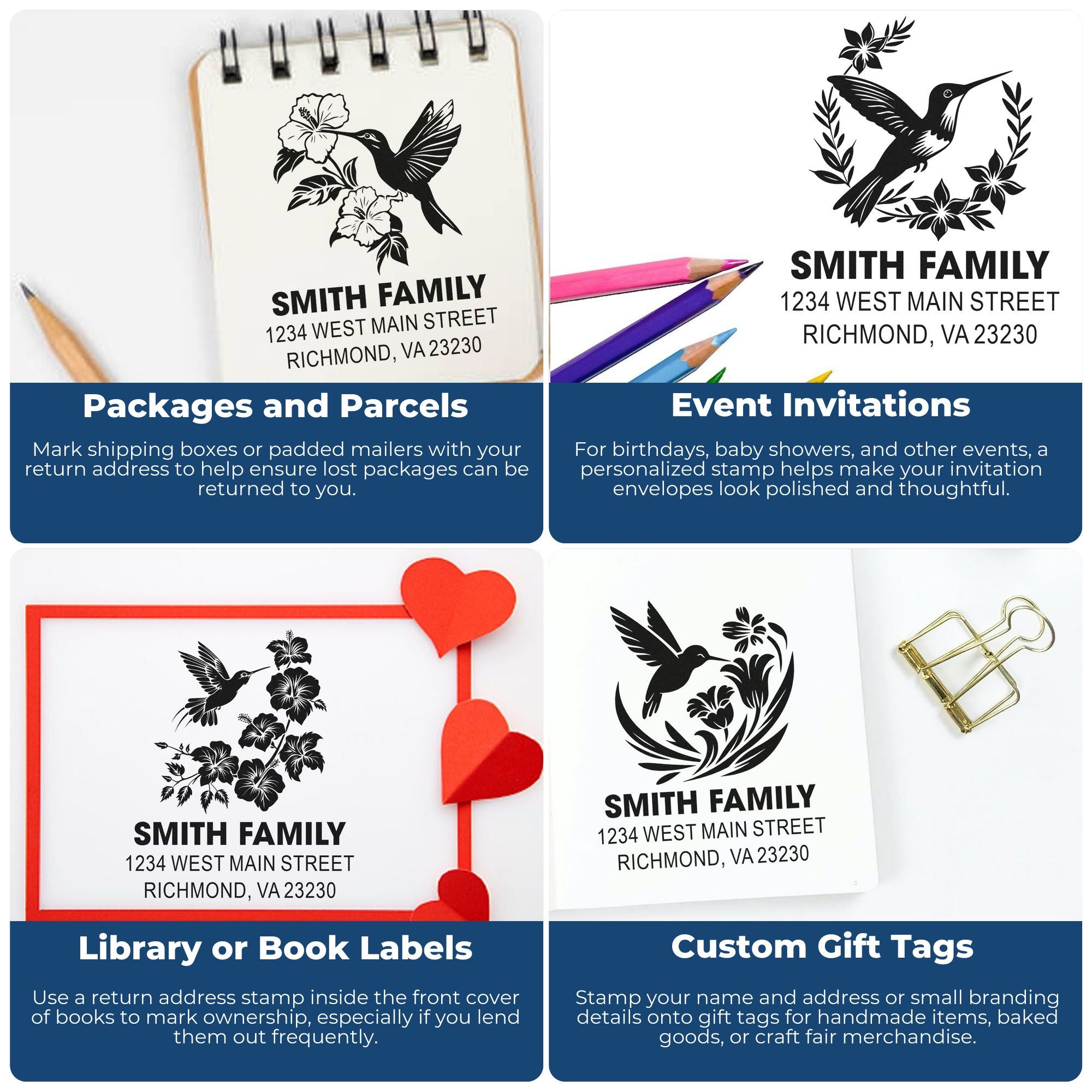 Custom hummingbird return address rubber stamp for packages, invitations, book labels, and gift tags.