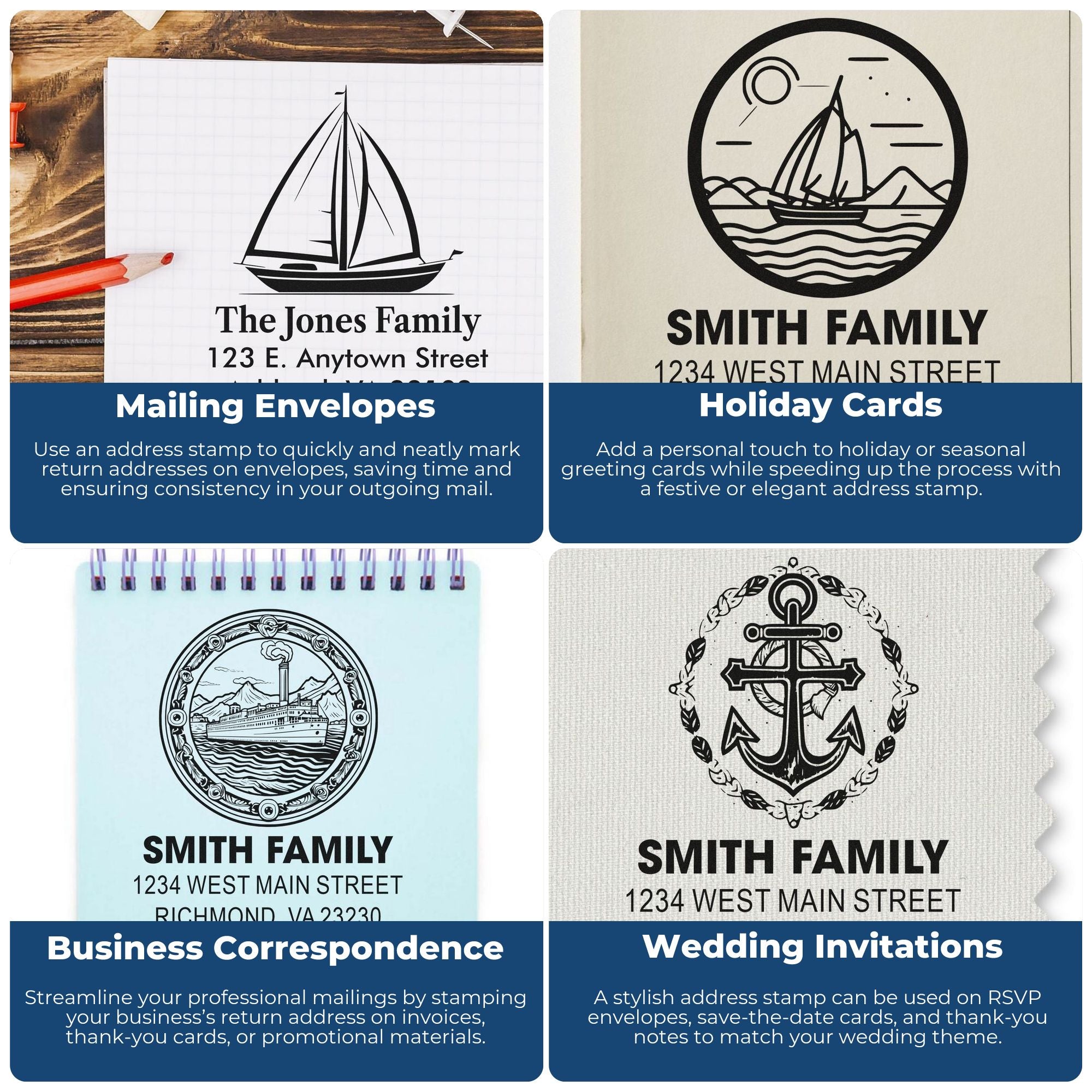 Custom rubber address stamps for envelopes, holiday cards, business correspondence, and wedding invitations.