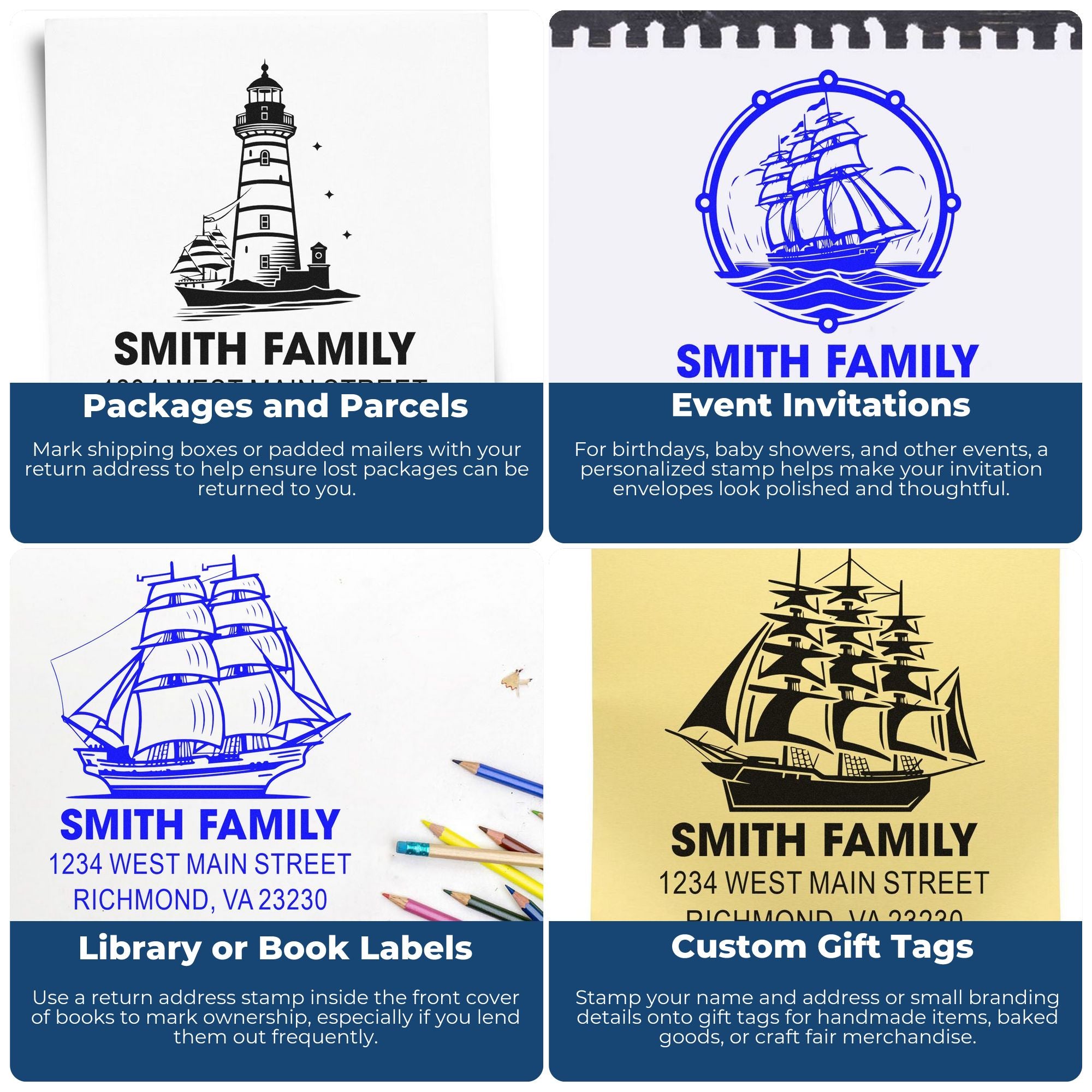 Custom rubber stamp examples for return address labels, event invitations, book labels, and gift tags with nautical designs.