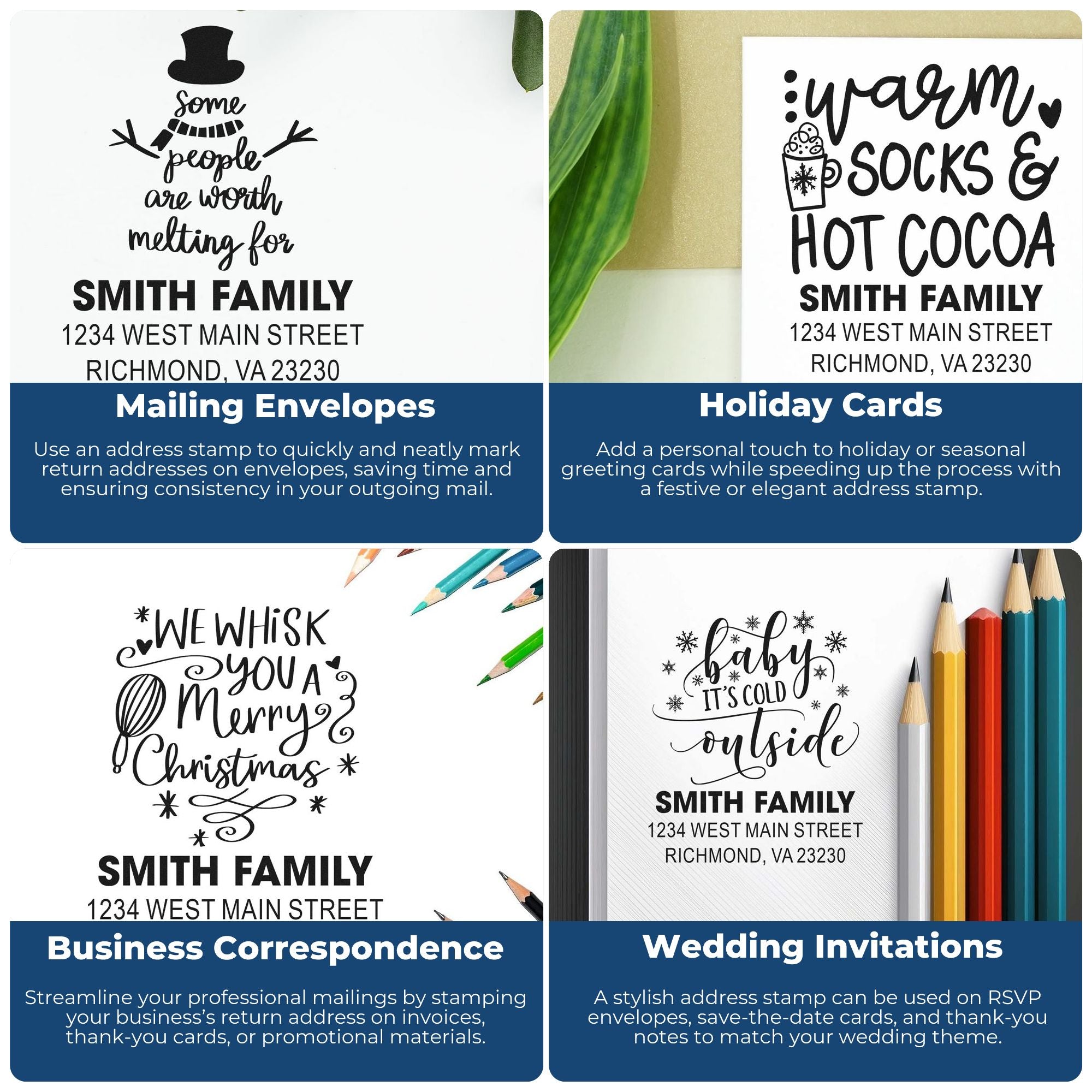Custom return address rubber stamps for mailing envelopes, holiday cards, business mail, and wedding invitations.