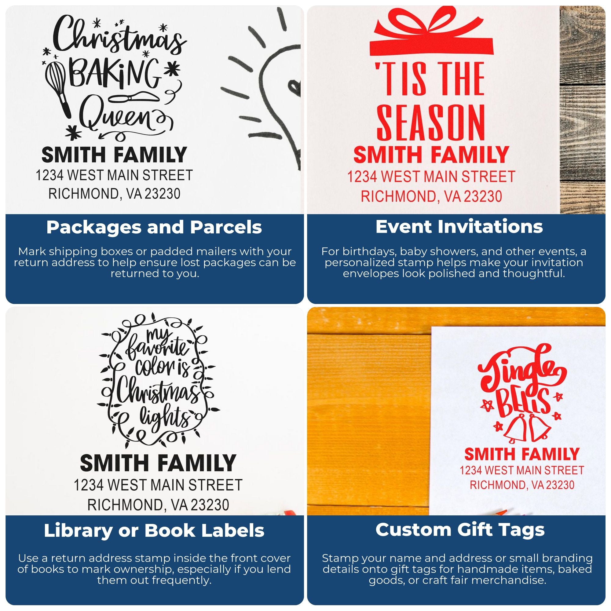 Custom rubber stamp examples for Christmas baking, invitations, shipping labels, book labels, and gift tags with return addresses.