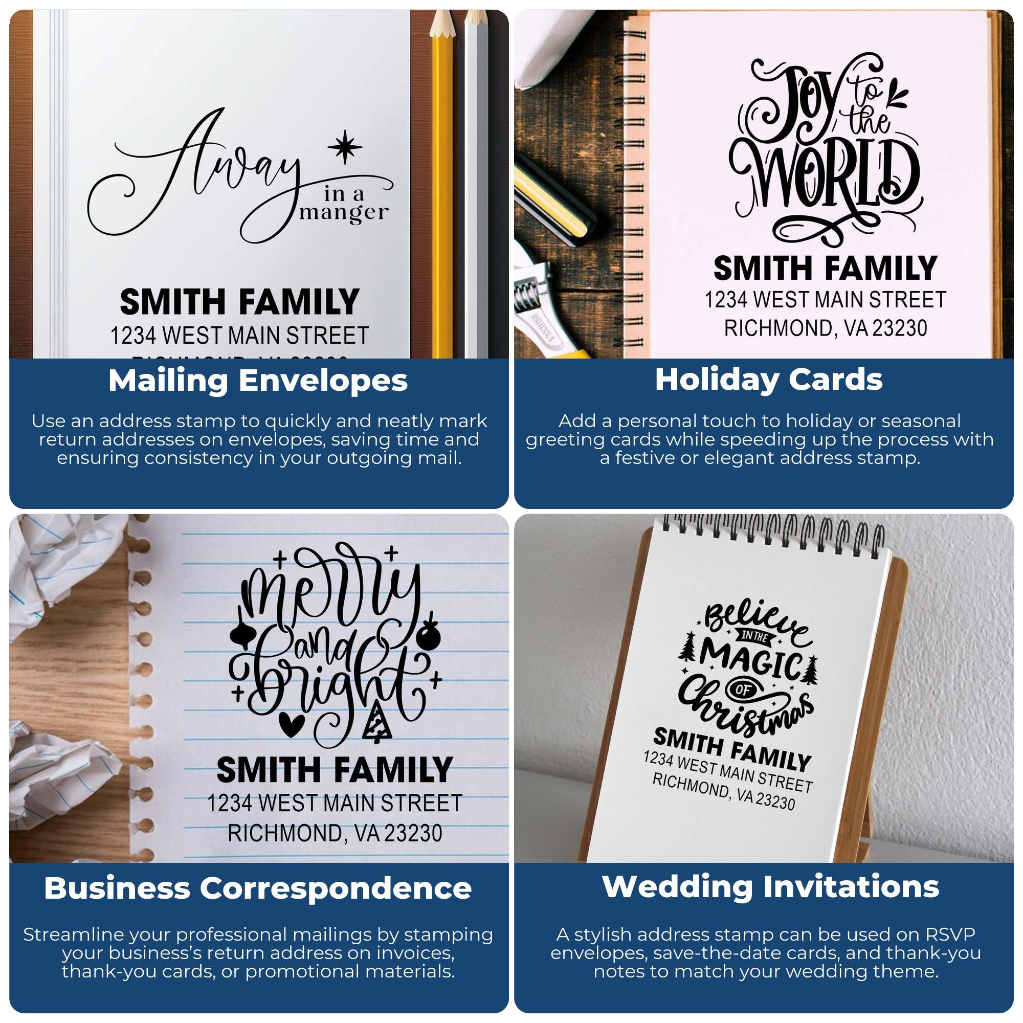 Custom address rubber stamp examples for envelopes, holiday cards, business mail, and wedding invitations.