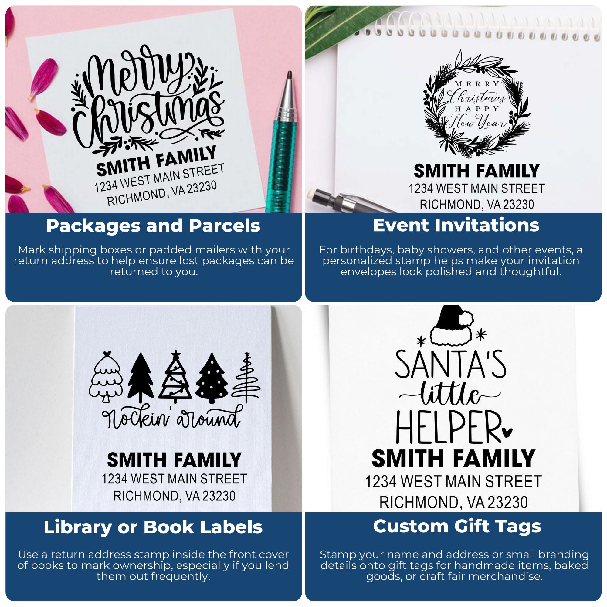 Custom return address and holiday rubber stamp examples for packages, invitations, book labels, and gift tags.