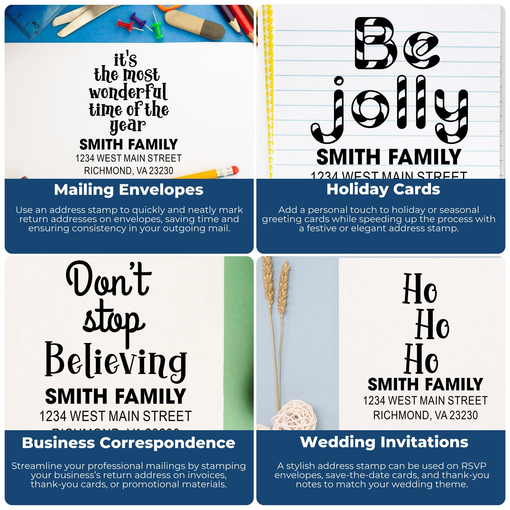 Custom rubber return address stamps for envelopes, holiday cards, business mail, and wedding invitations.