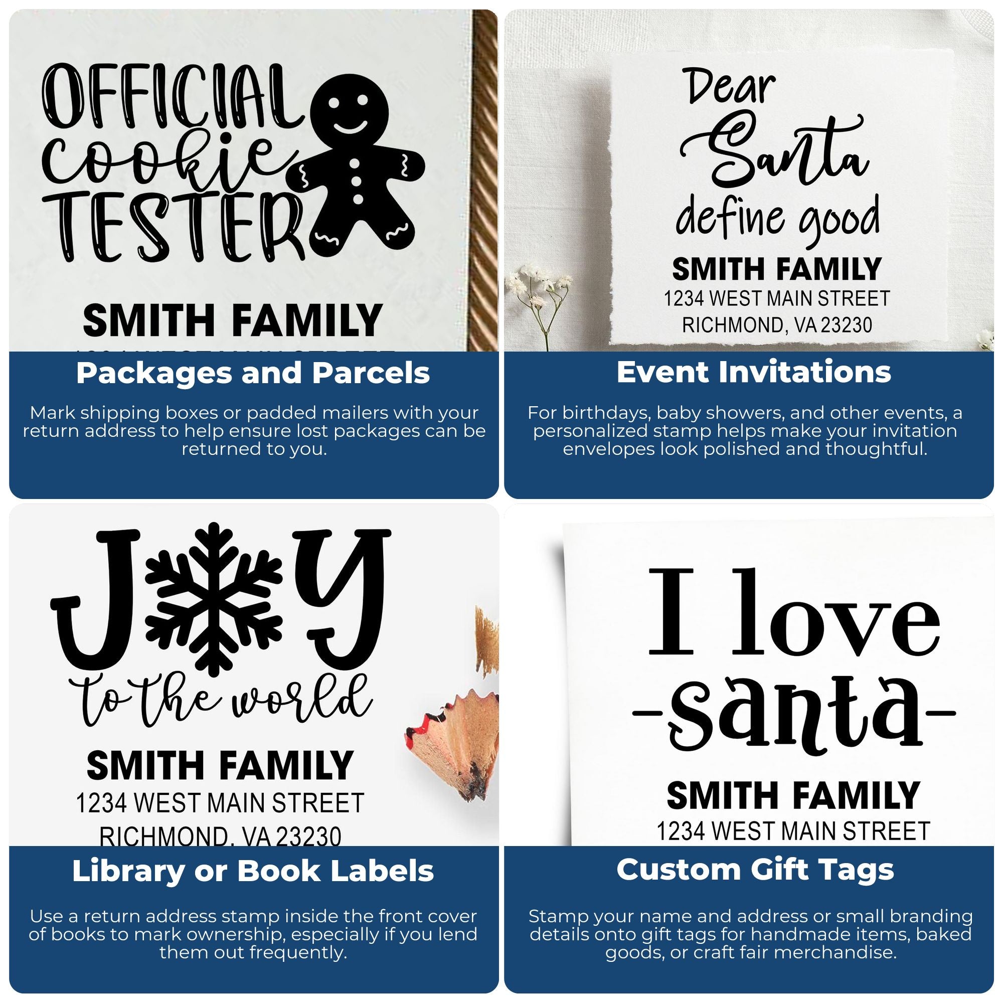 Custom rubber stamps for return addresses, invitations, book labels and gift tags with personalized names and holiday designs.