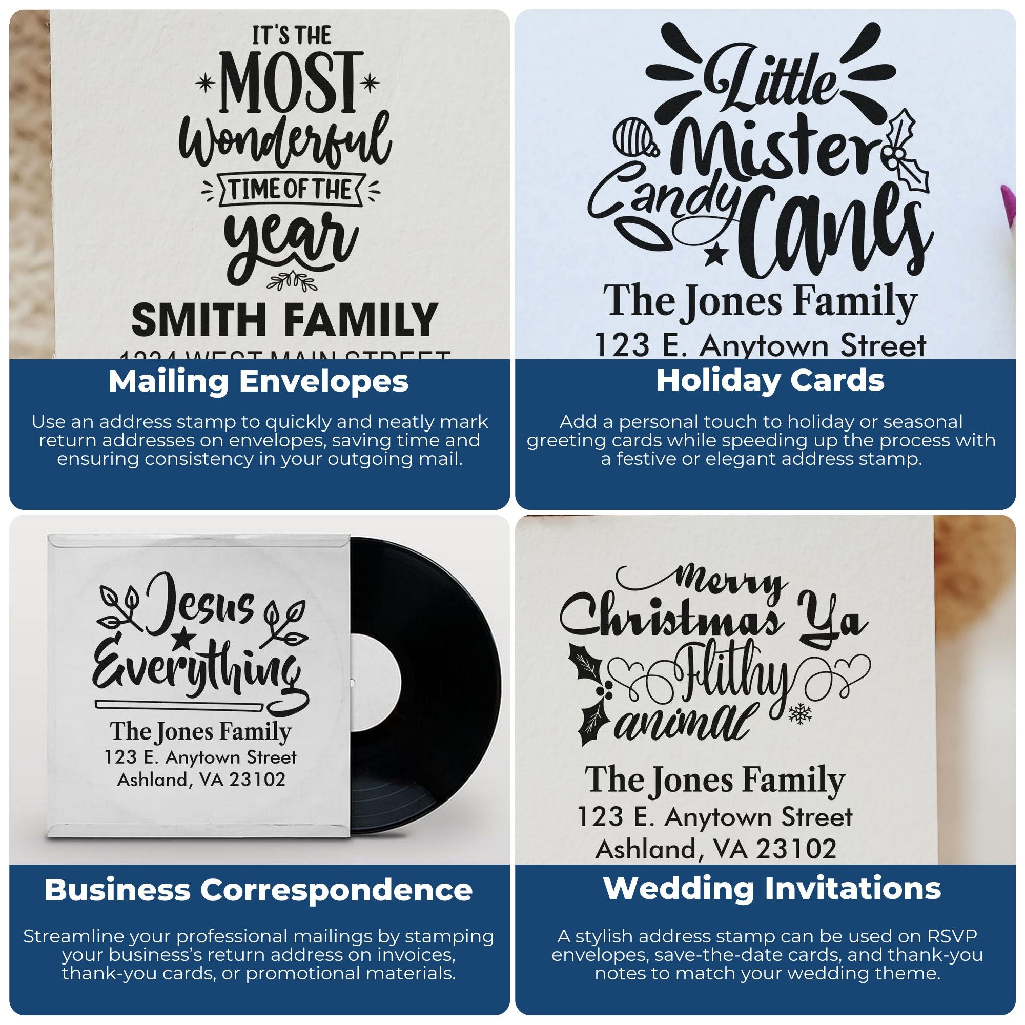 Personalized address rubber stamps for mailing envelopes, holiday cards, business correspondence, and wedding invitations.
