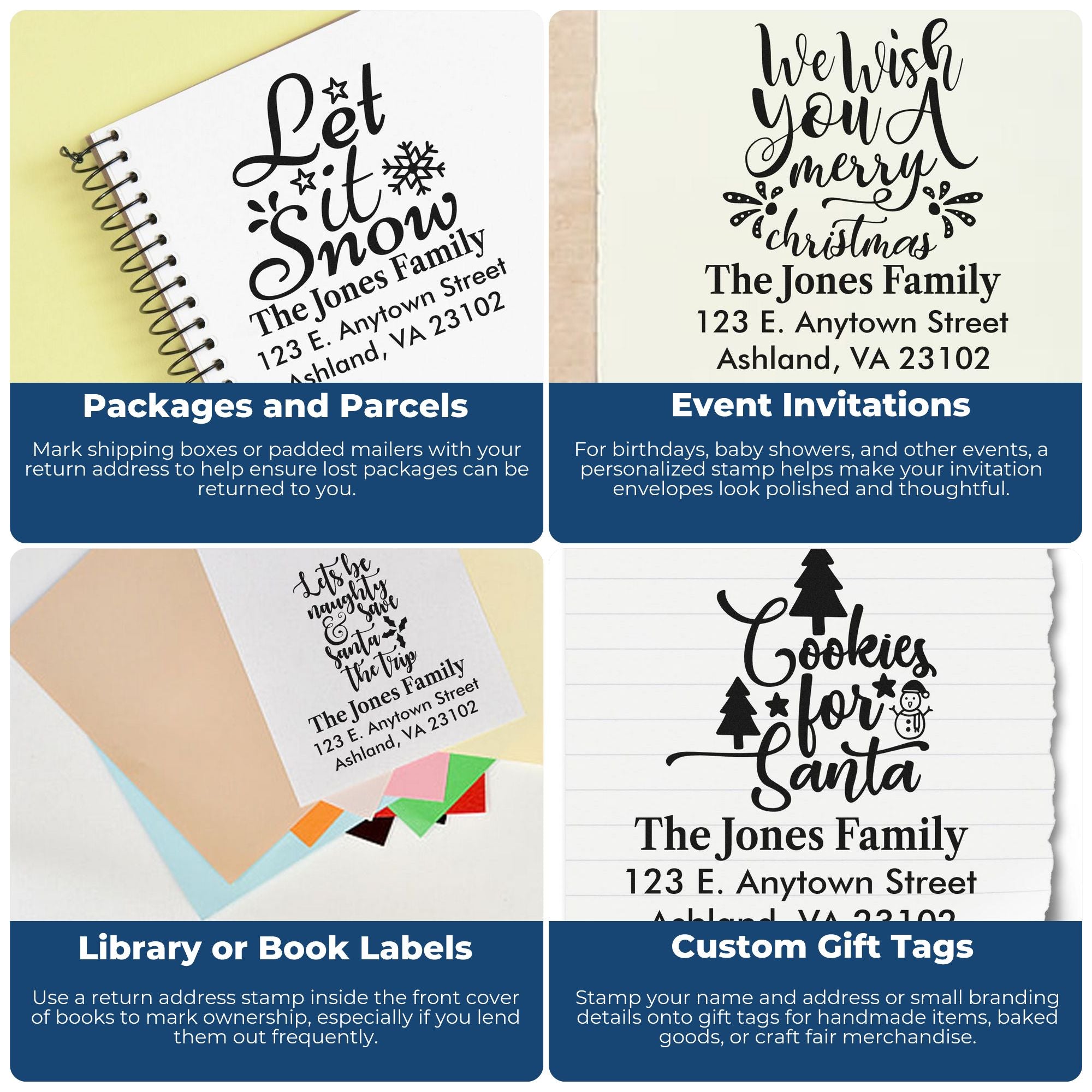 Custom rubber stamp examples for return address labels, holiday cards, book labels, and gift tags on packages and invitations.