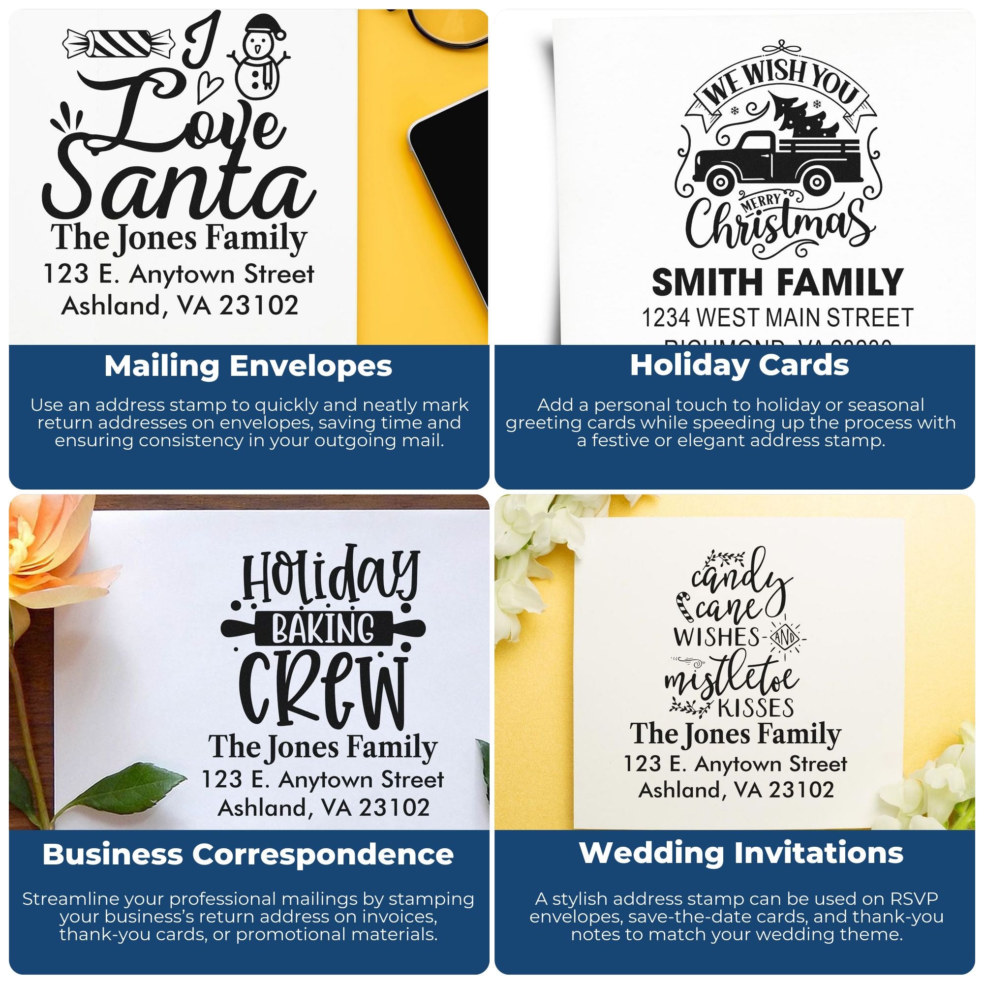 Personalized address rubber stamps for mailing envelopes, holiday cards, business correspondence, and wedding invitations.