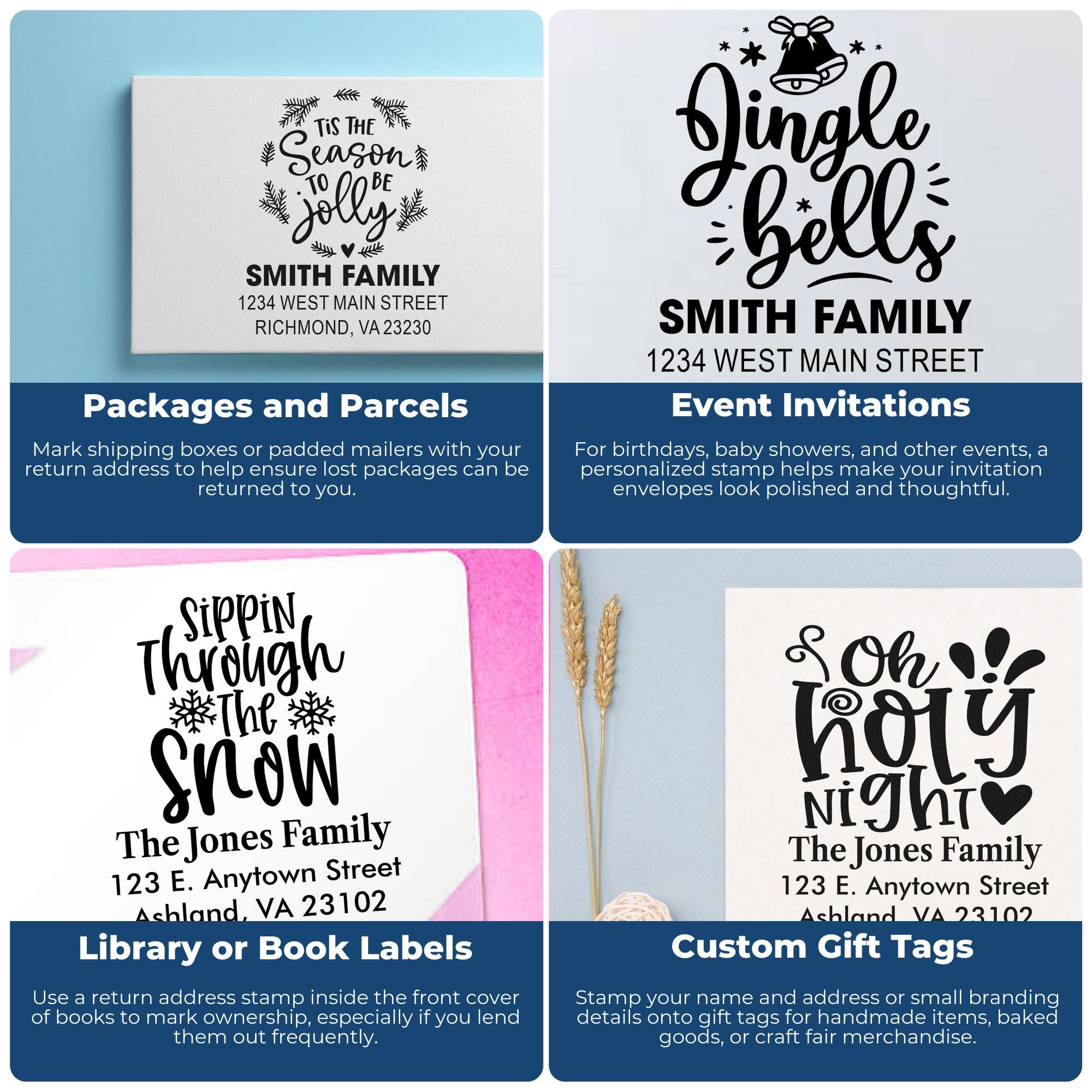 Personalized rubber stamps for return addresses, holiday packages, invitations, book labels, and custom gift tags.