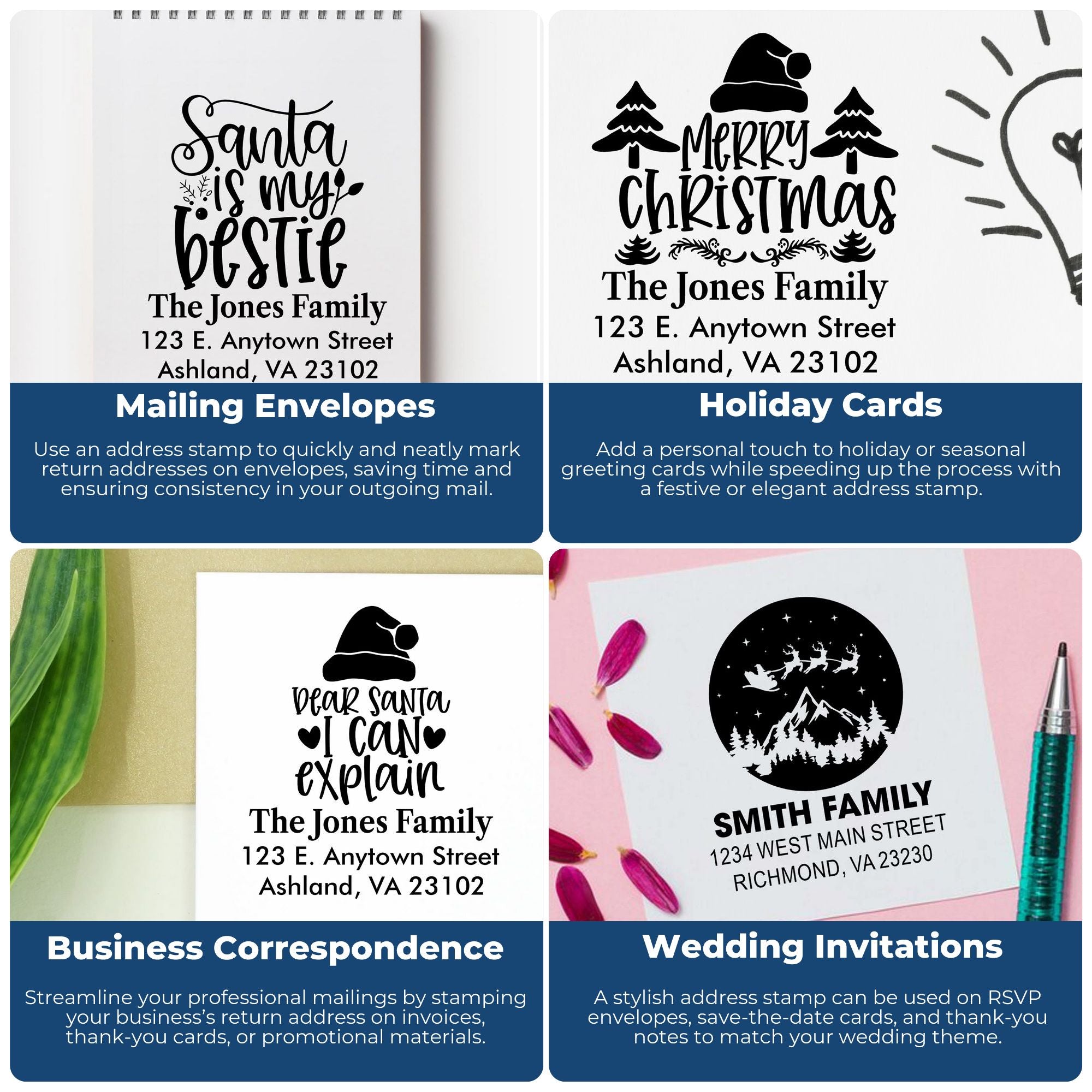 Personalized rubber address stamps for envelopes, holiday cards, business mail, and wedding invitations.
