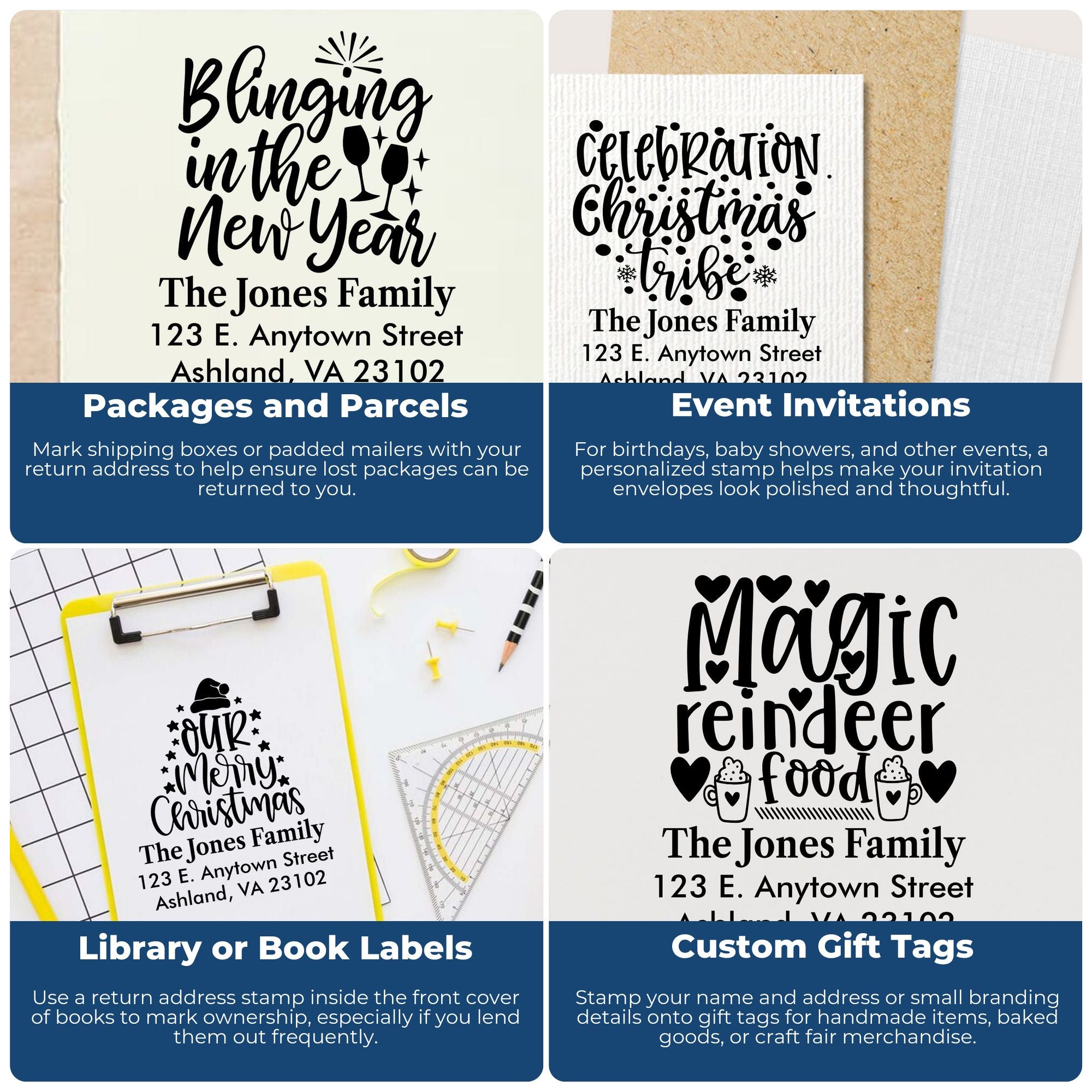 Personalized rubber stamp examples for return addresses, invitations, book labels, and gift tags with names, addresses, and festive designs.