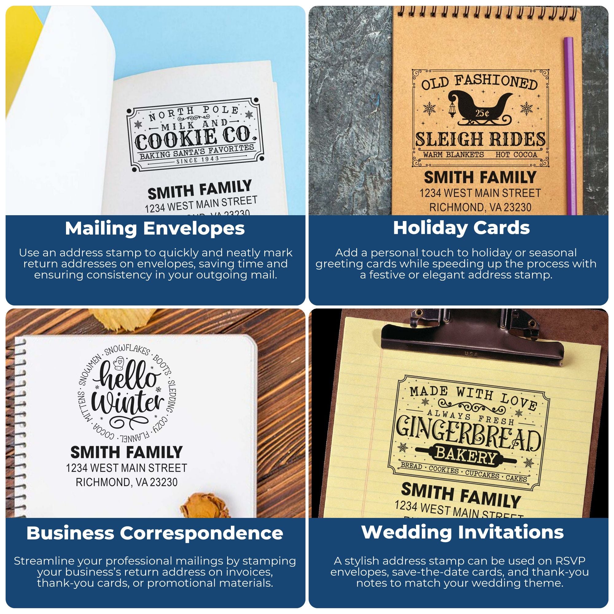 Collage of custom rubber address stamps for mailing envelopes, holiday cards, business correspondence, and wedding invitations.