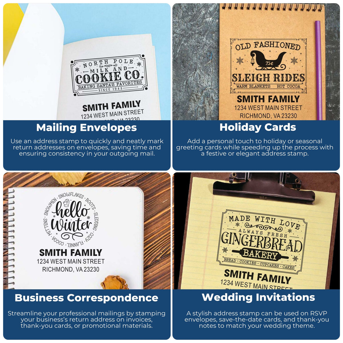 Custom rubber address stamp examples for envelopes, holiday cards, business mail, and wedding invitations.