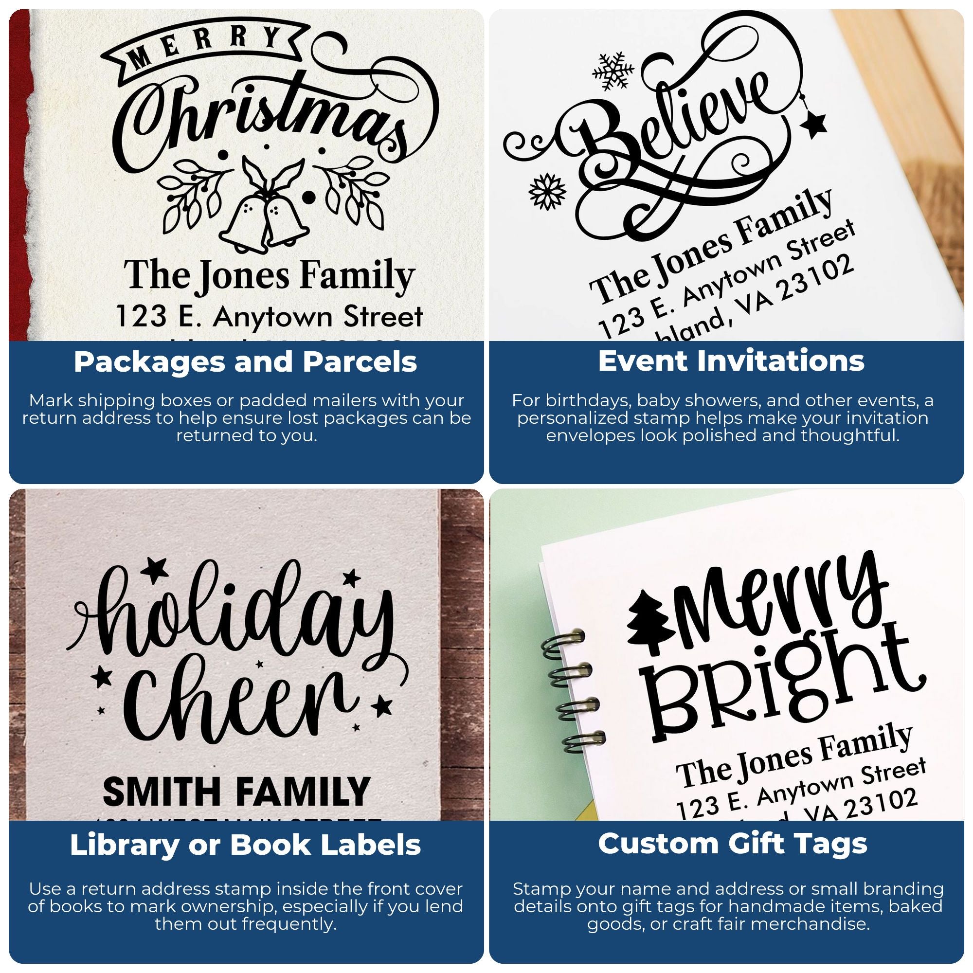 Collage of personalized rubber stamps for holiday cards, packages, invitations, book labels, and gift tags with names and addresses.