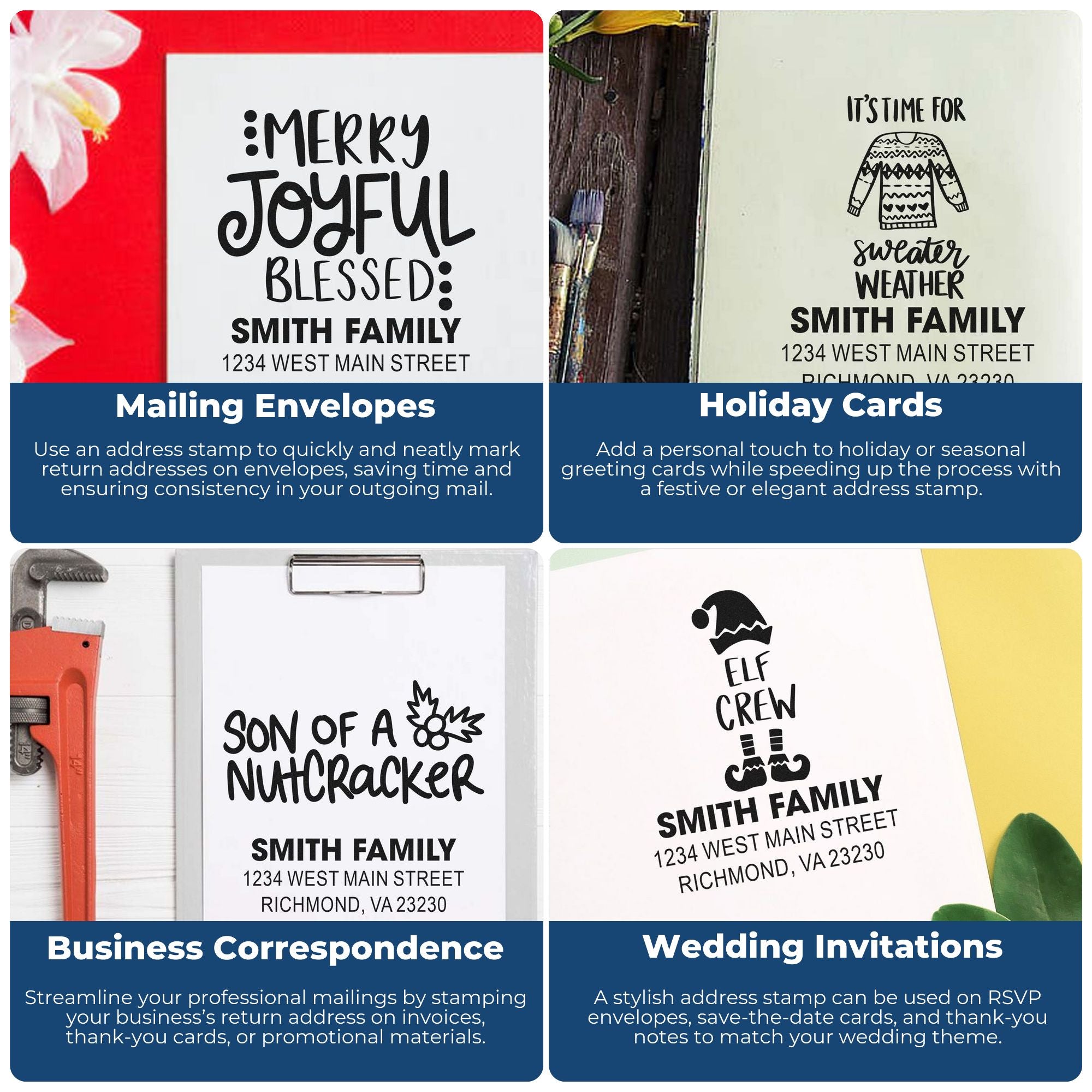 Custom return address rubber stamps for mailing envelopes, holiday cards, business correspondence, and wedding invitations.