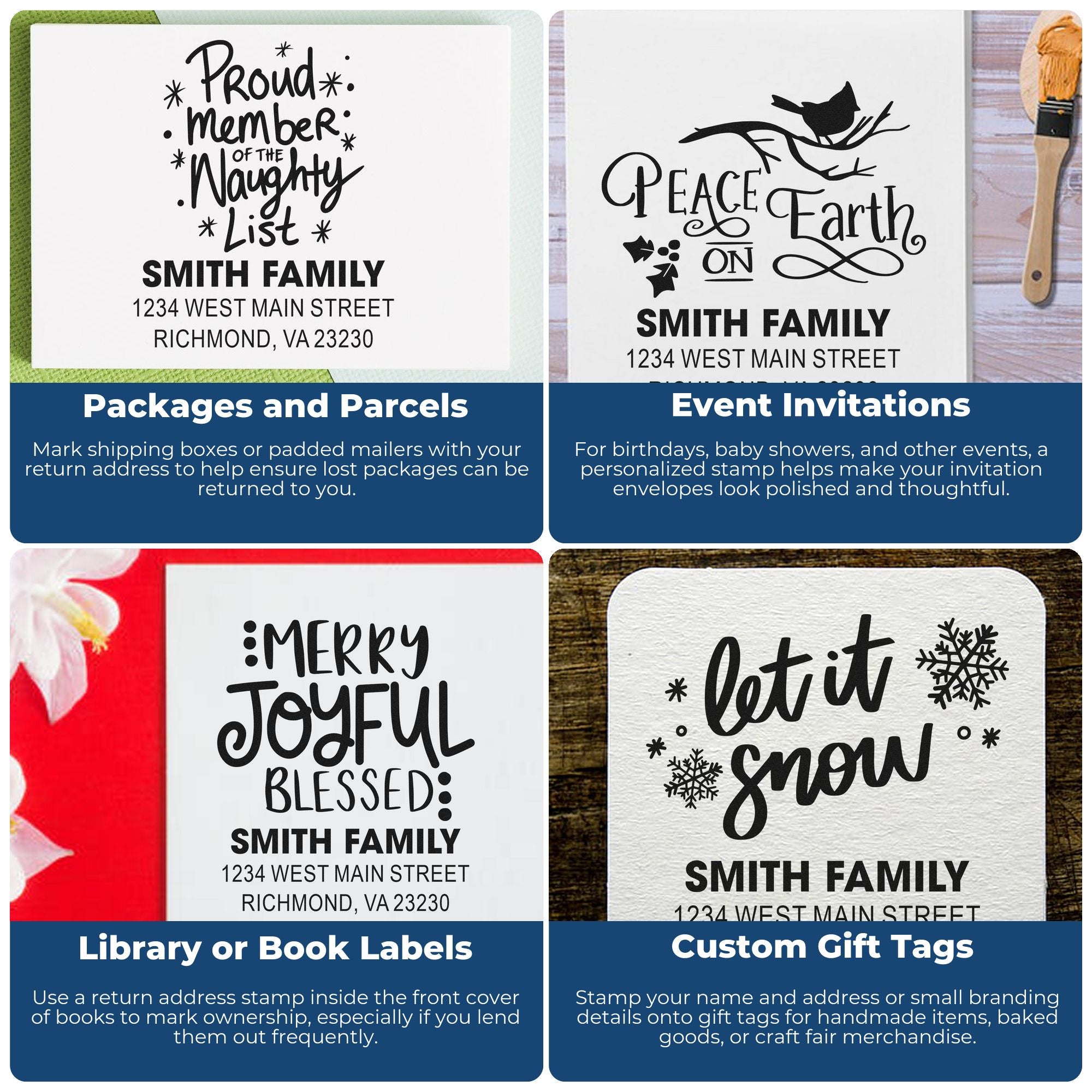 Custom rubber stamp examples for packages, invitations, book labels, and gift tags with personalized family name designs.