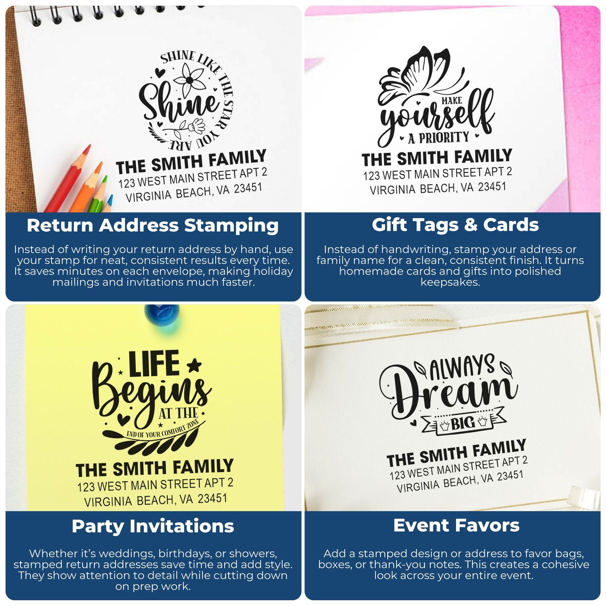Custom rubber stamps for return addresses, gift tags, party invitations, and event favors on cards and envelopes.