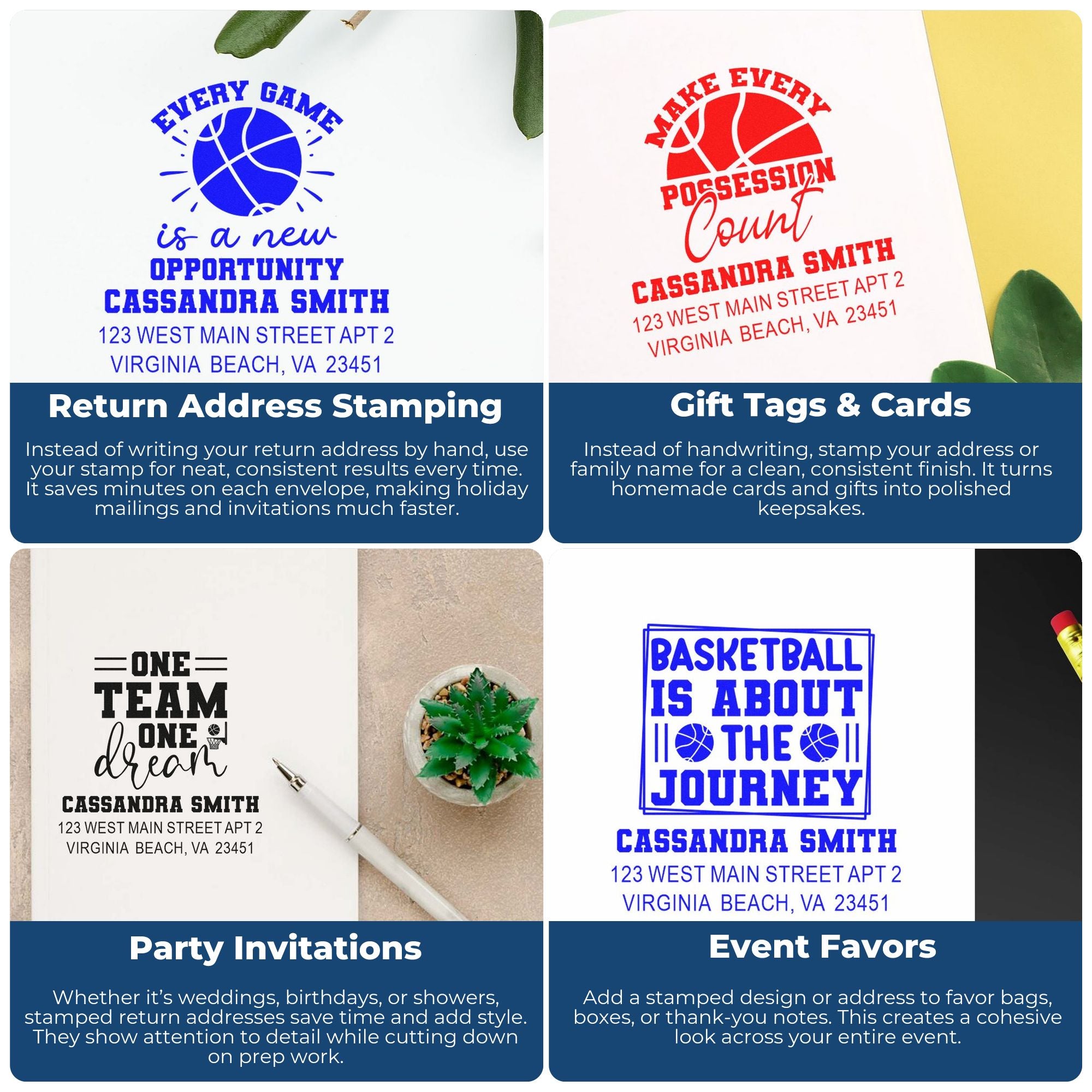 Basketball-themed custom rubber stamps for return addresses, gift tags, party invitations, and event favors with name and address.
