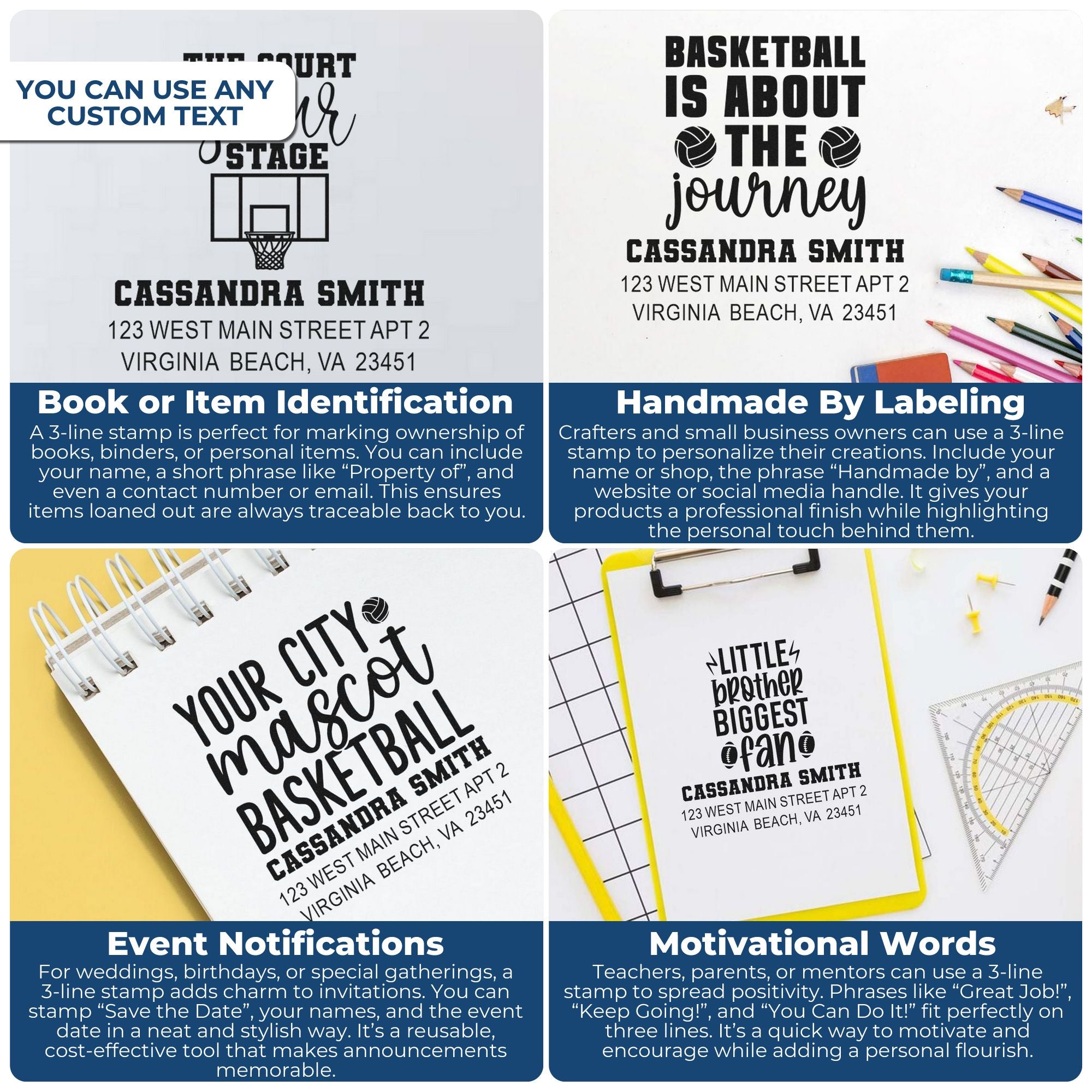 Collage of custom rubber stamps for book identification, handmade labels, event notices, and motivational messages.