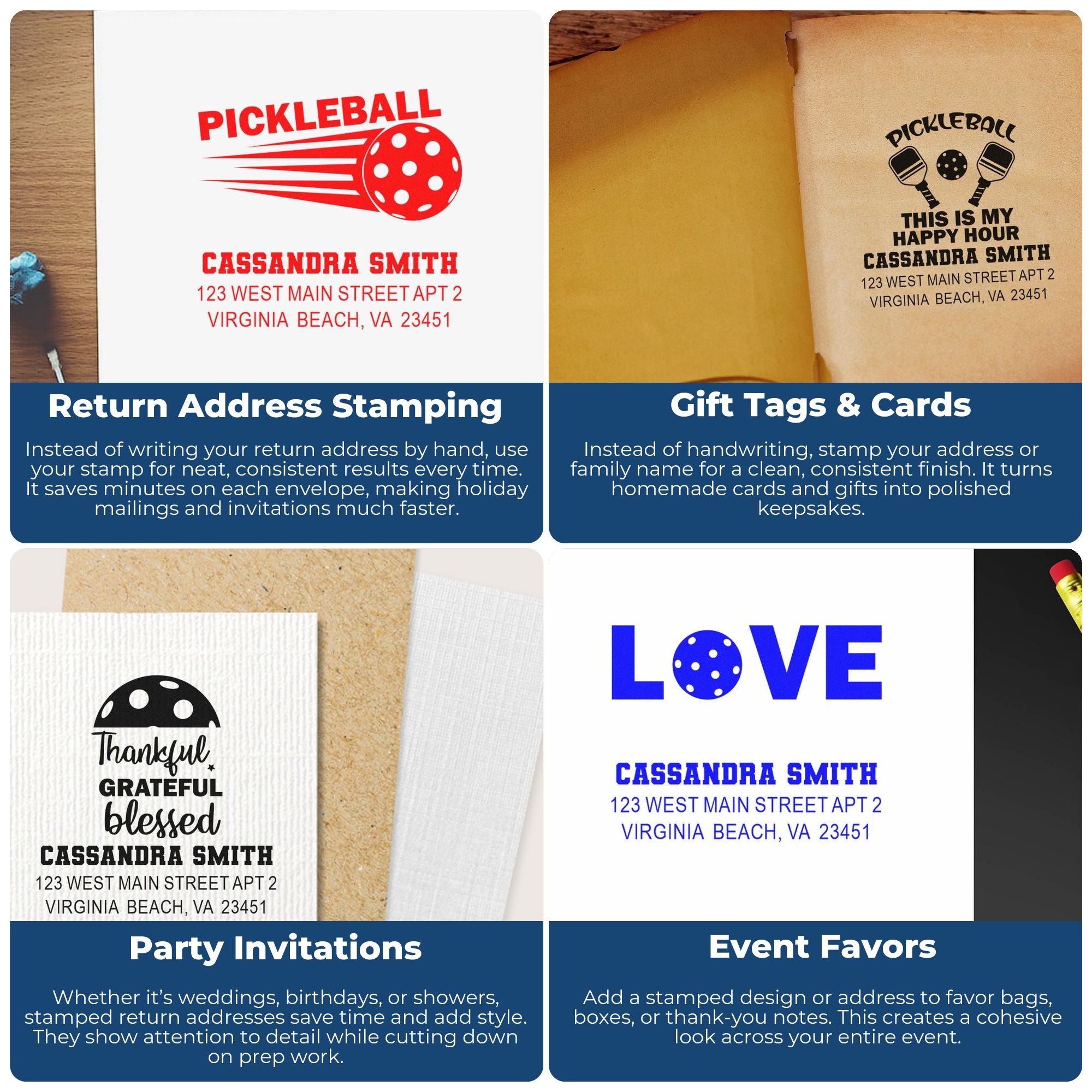 Custom rubber stamps for return addresses, gift tags, party invitations, and event favors with personalized pickleball designs.