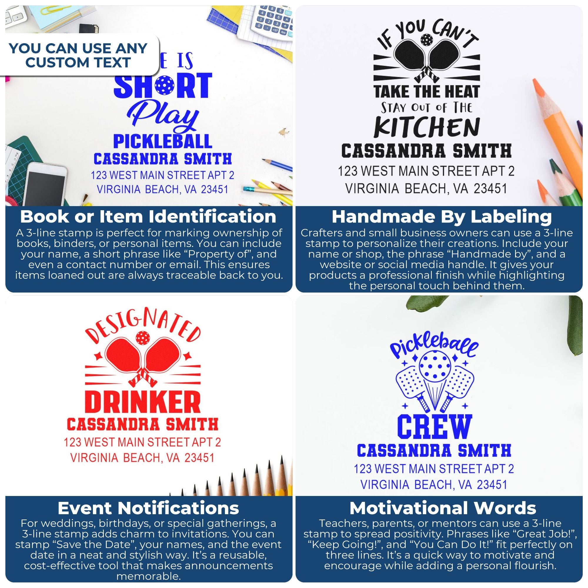 Custom 3-line rubber stamp examples for personalized labels, handmade branding, book ownership, events, and motivational messages.